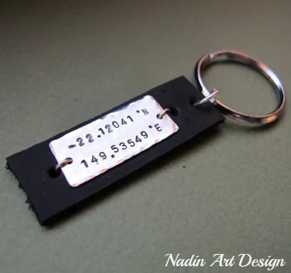 Engraved Stainless Steel and Leather Key Chain