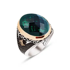 Facet Cut Green Zircon Stone Ellipse Silver Men’s Ring Siding Bush Pattern and Dimond Pattern and Ottoman Tughra