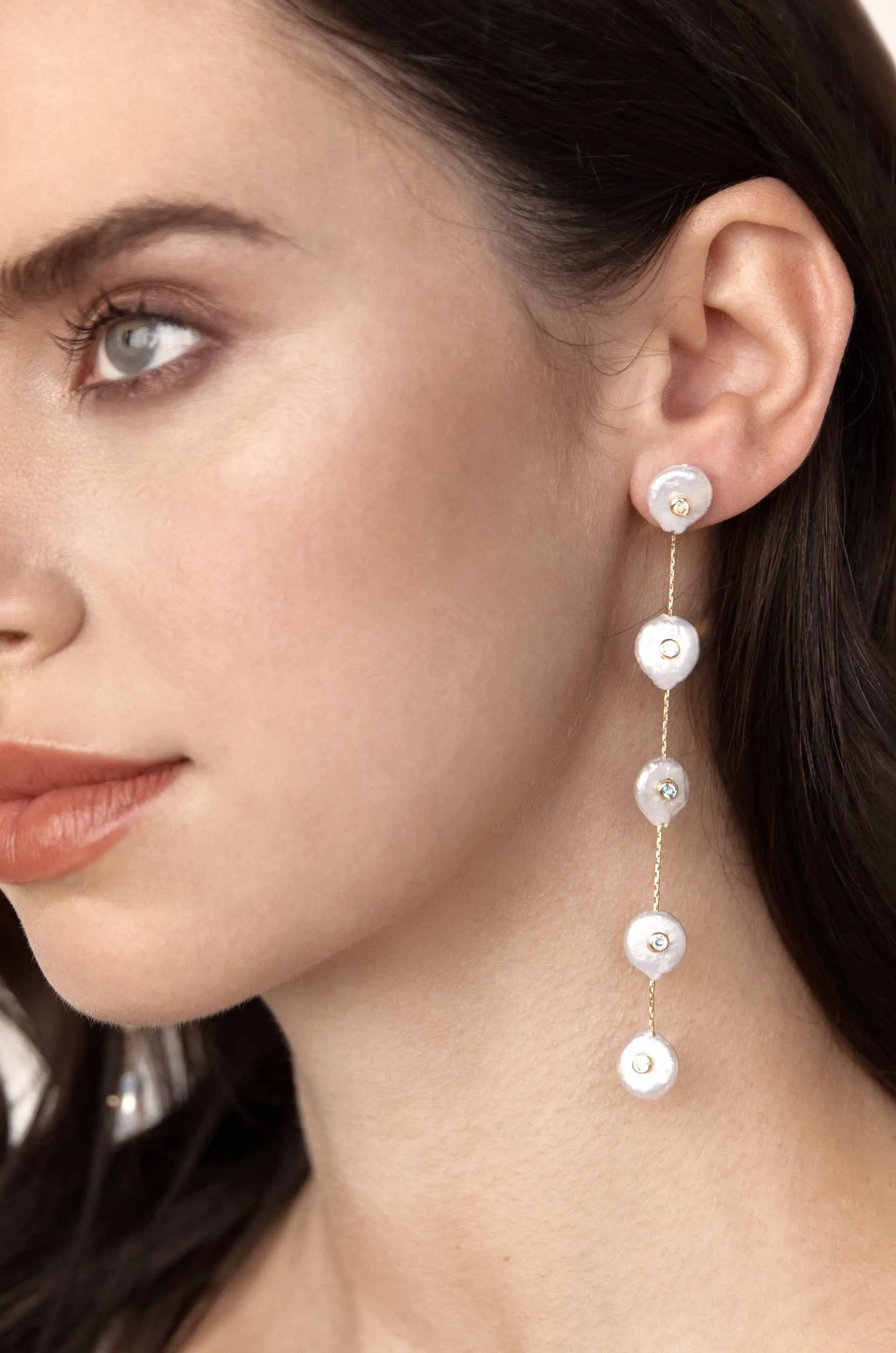 Falling Pearl and Crystal Dotted Drop Earrings