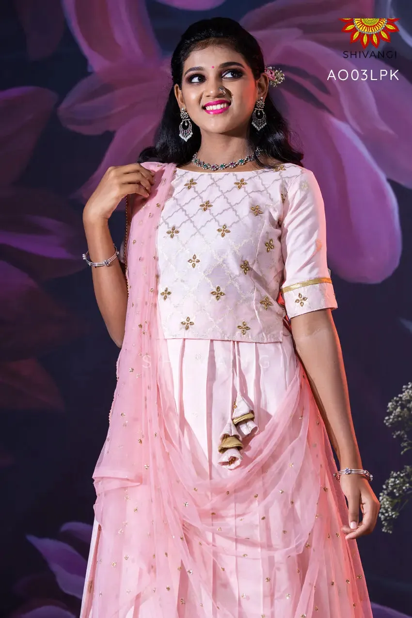 Girls Lite Pink Pastel Gold Butta Lehenga