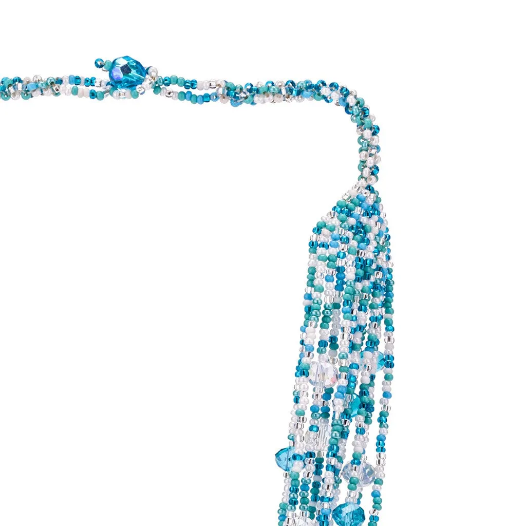 Hand Beaded Necklace - Shimmering Baby Blue and Crystal