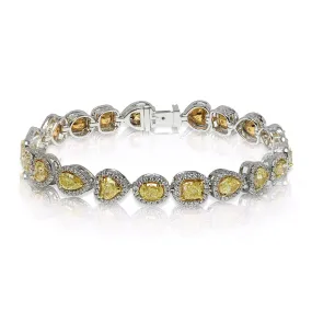 HENIN 20 Carat Fancy Yellow Heart Pear and Cushion Cut Inline Halo Diamond Tennis Bracelet in 18K White Gold By Mike Nekta NYC