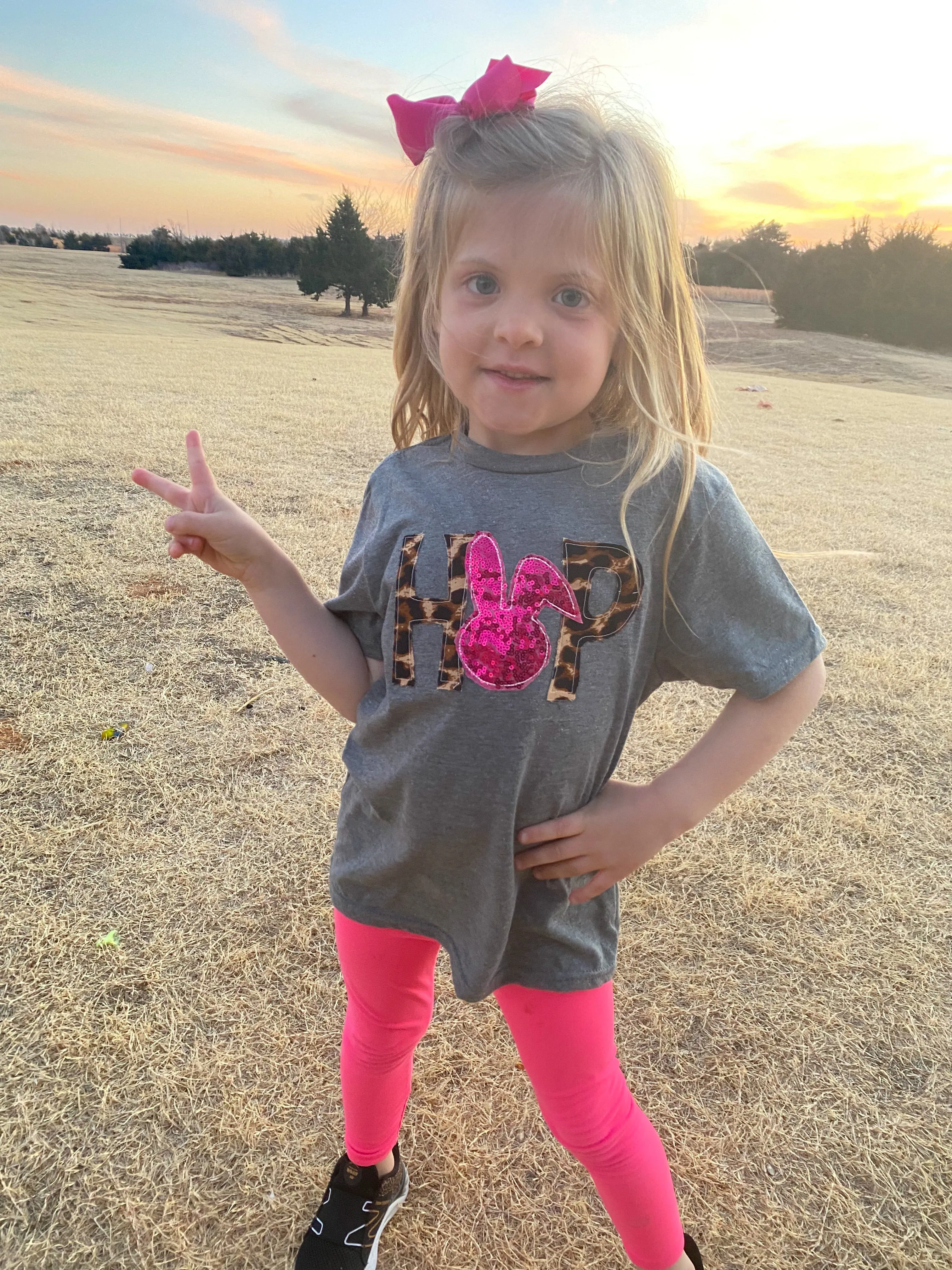 {HOP!} Leopard   Sparkly Pink Fabric Appliquéd Gray V-Neck Tee