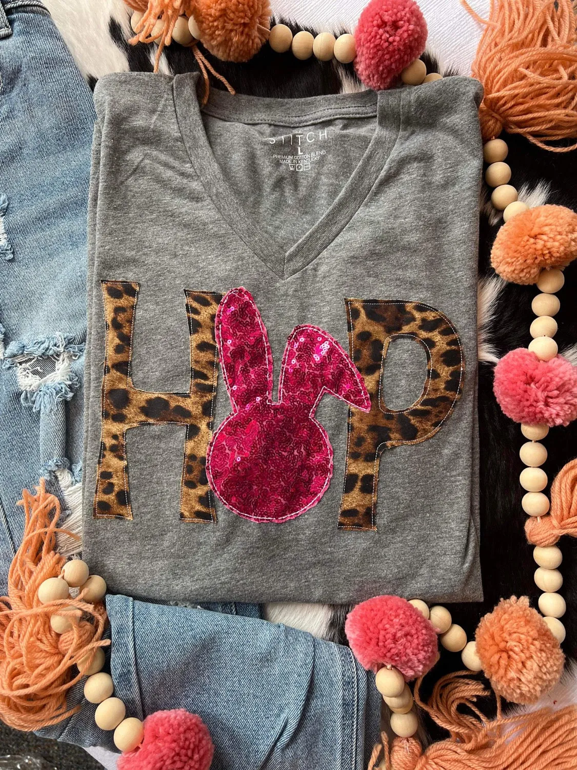 {HOP!} Leopard   Sparkly Pink Fabric Appliquéd Gray V-Neck Tee