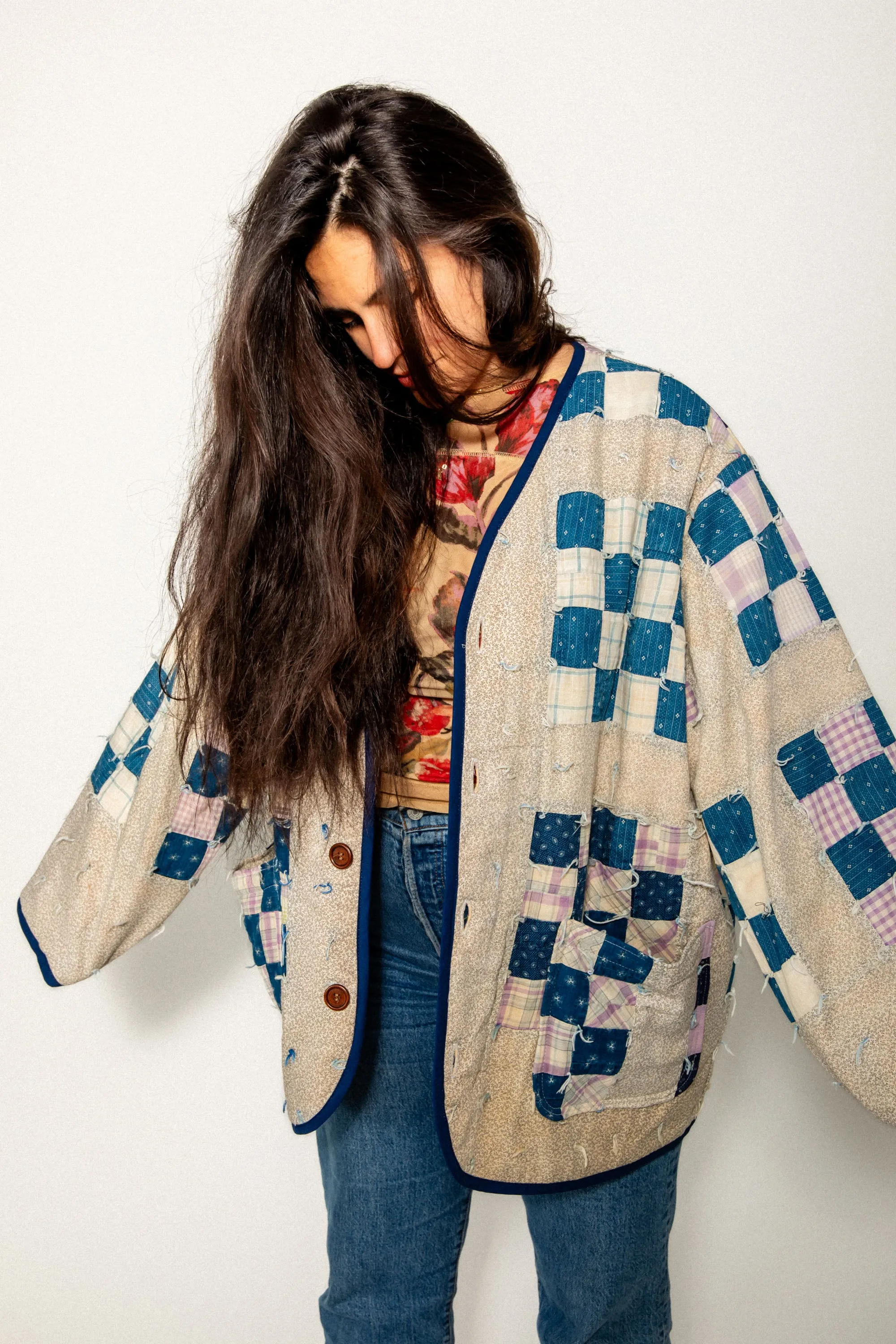 Indigo Patchwork Cardigan Chore Coat (Unisex X-Large)