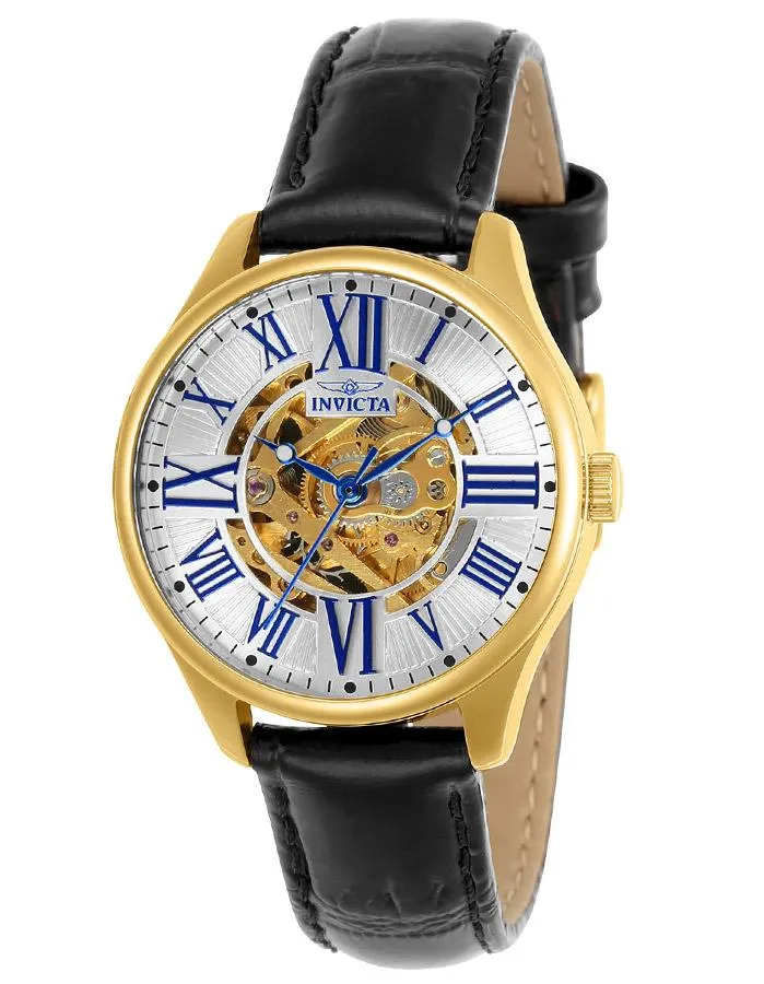 INVICTA Vintage Womens Skeleton Automatic - Gold-Tone - Black Leather Strap