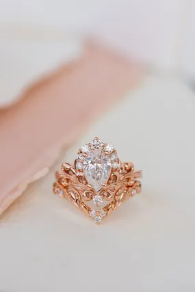 Lab grown diamond engagement ring set, nature inspired rose gold bridal ring set with diamond halo / Sophie