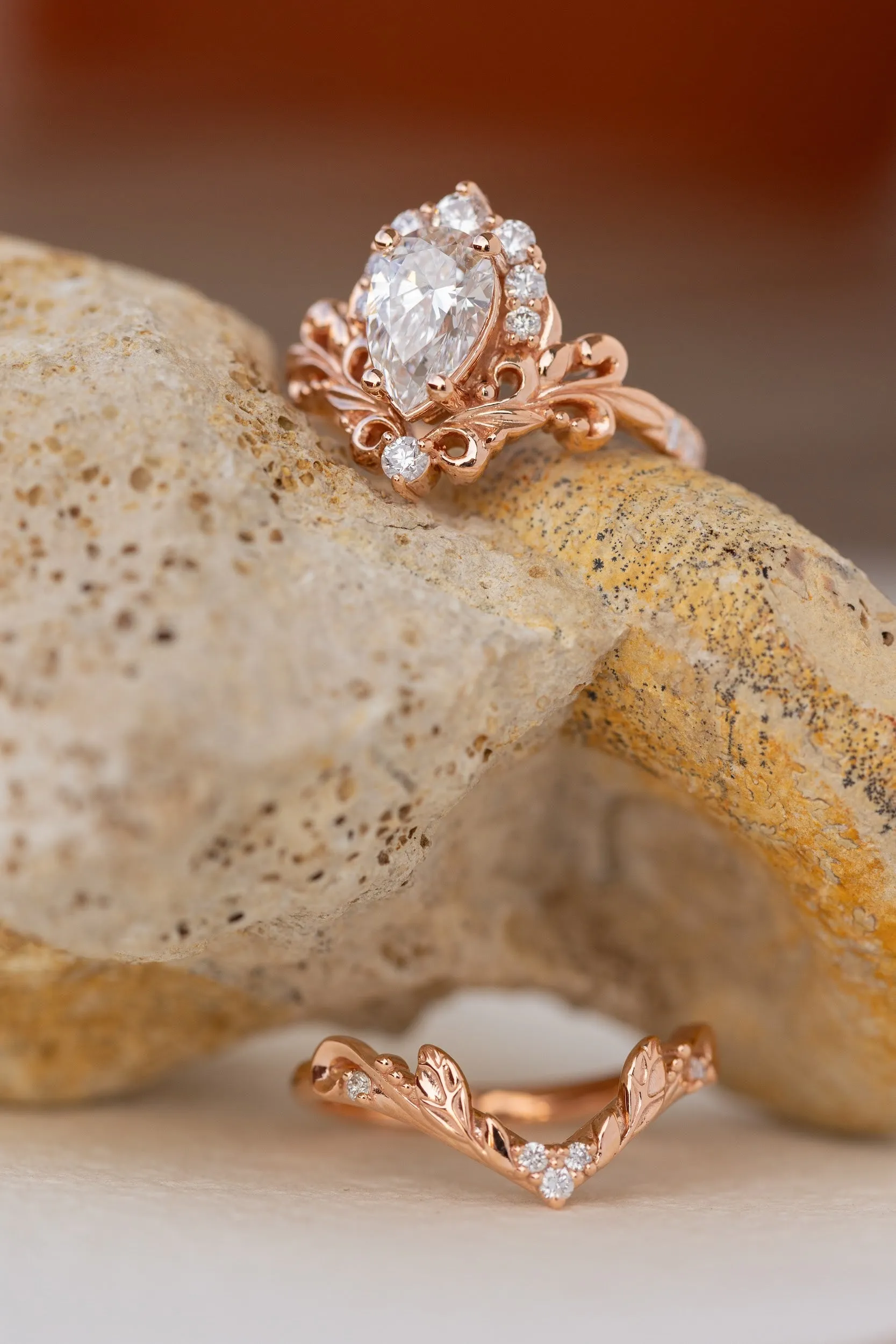 Lab grown diamond engagement ring set, nature inspired rose gold bridal ring set with diamond halo / Sophie