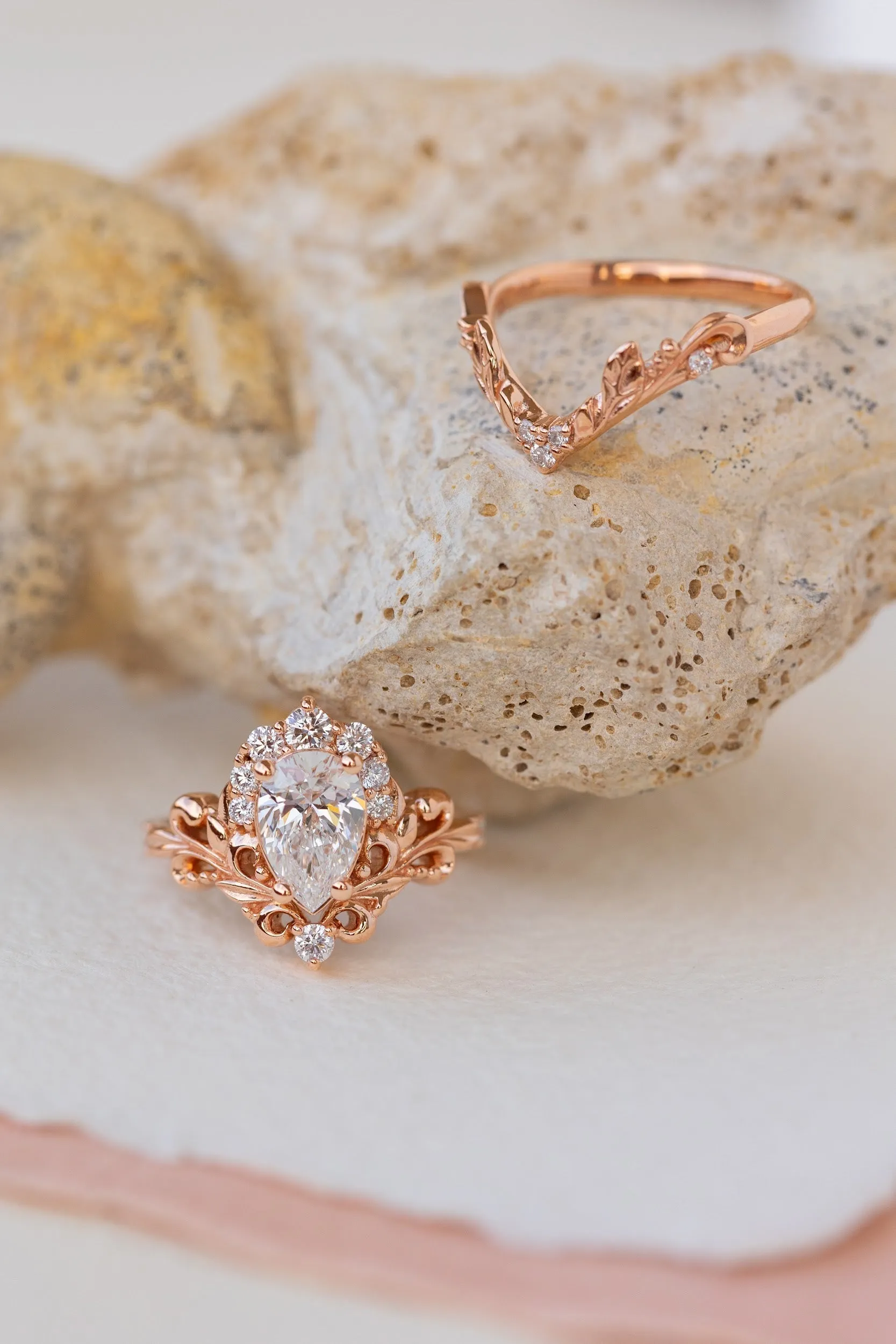 Lab grown diamond engagement ring set, nature inspired rose gold bridal ring set with diamond halo / Sophie