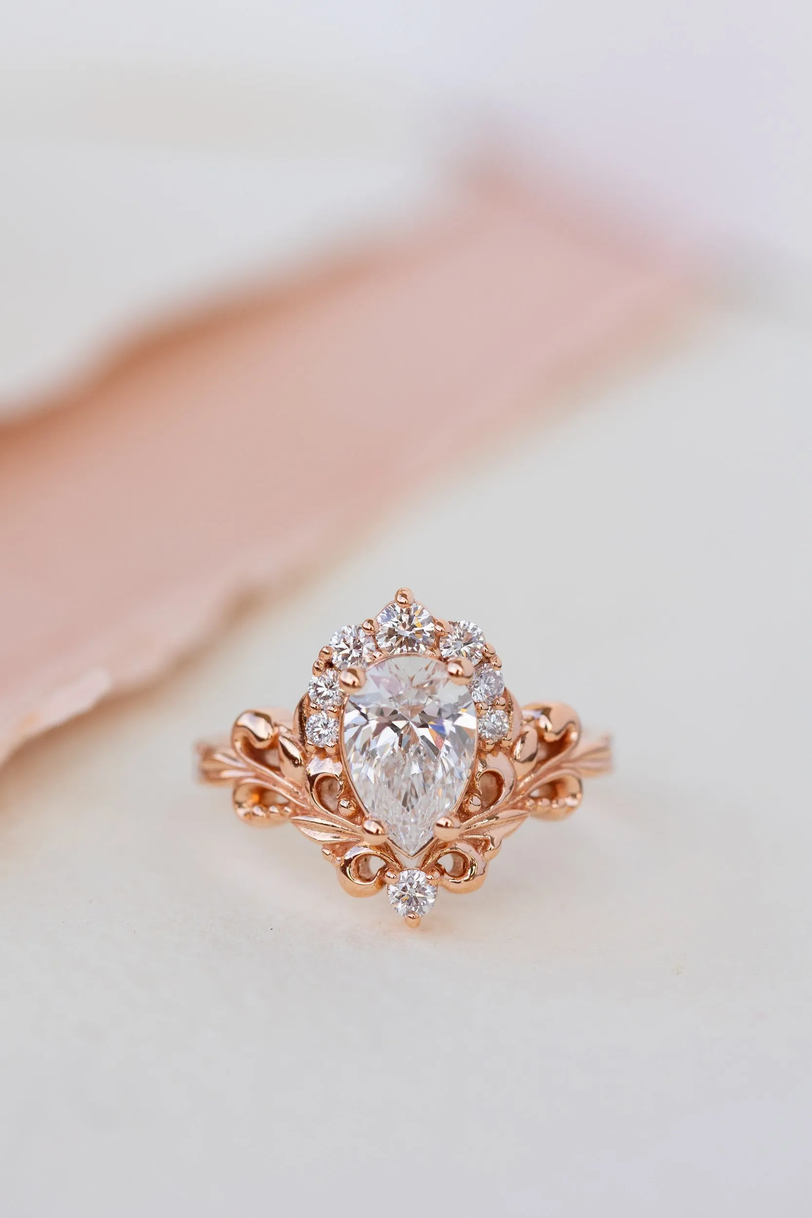 Lab grown diamond engagement ring set, nature inspired rose gold bridal ring set with diamond halo / Sophie