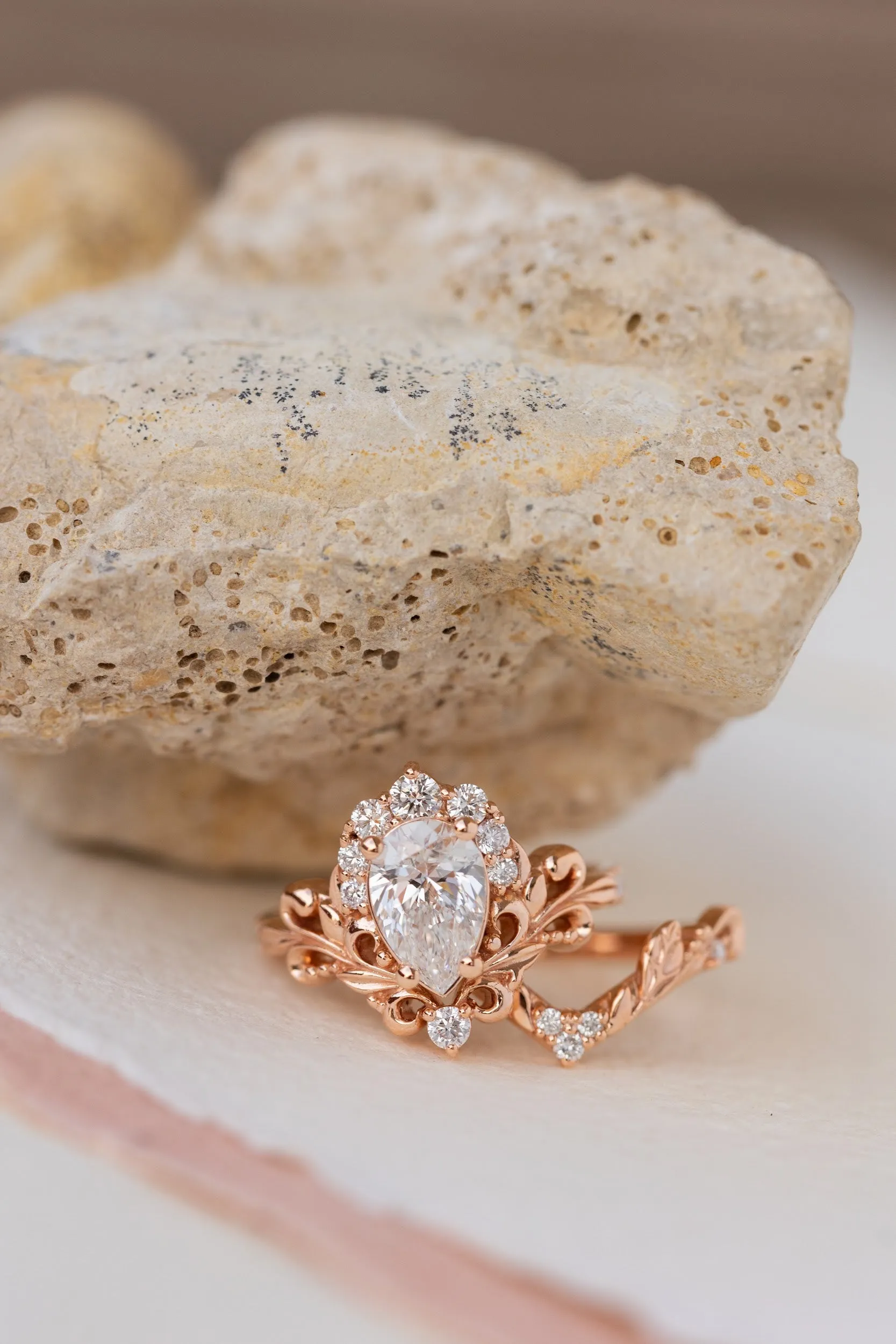 Lab grown diamond engagement ring set, nature inspired rose gold bridal ring set with diamond halo / Sophie