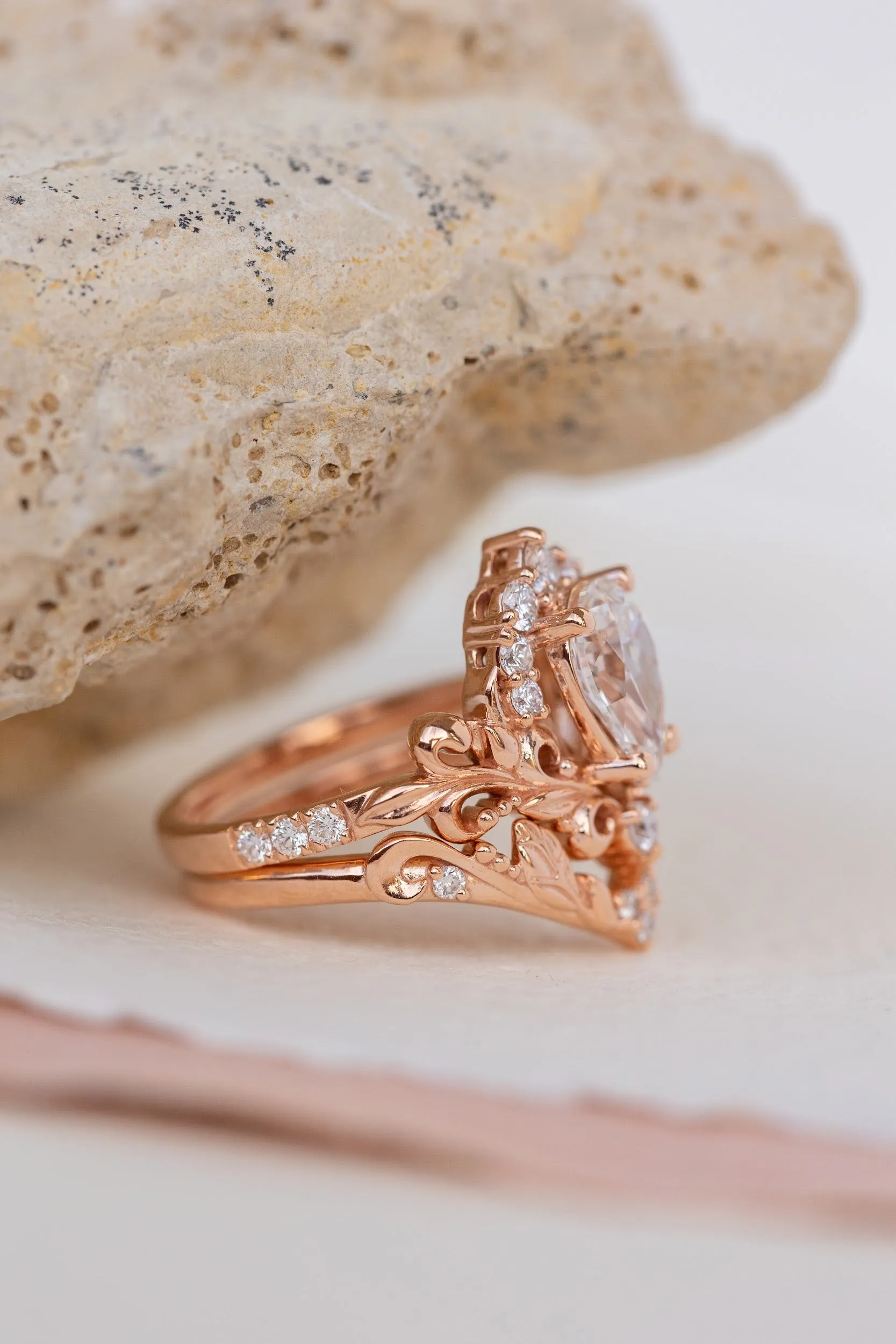 Lab grown diamond engagement ring set, nature inspired rose gold bridal ring set with diamond halo / Sophie