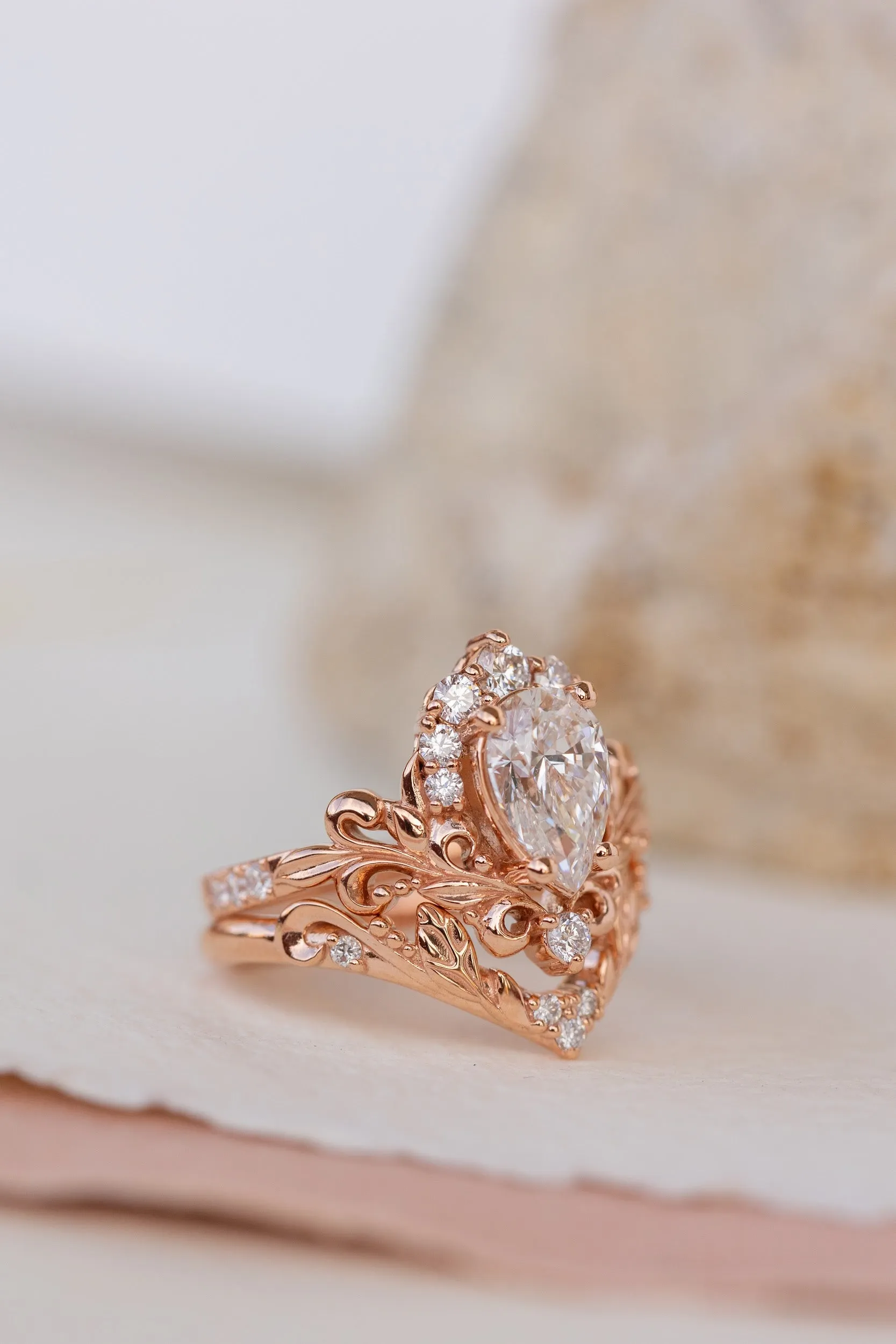 Lab grown diamond engagement ring set, nature inspired rose gold bridal ring set with diamond halo / Sophie