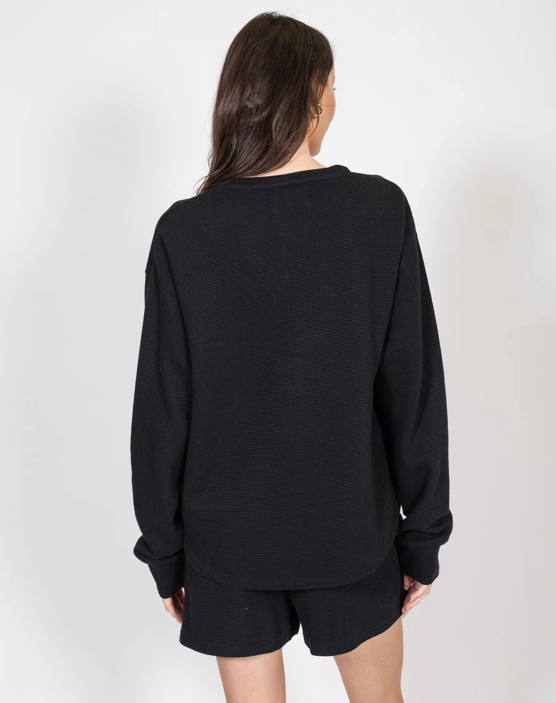 Long Sleeve Waffle Knit Boxy Henley Top