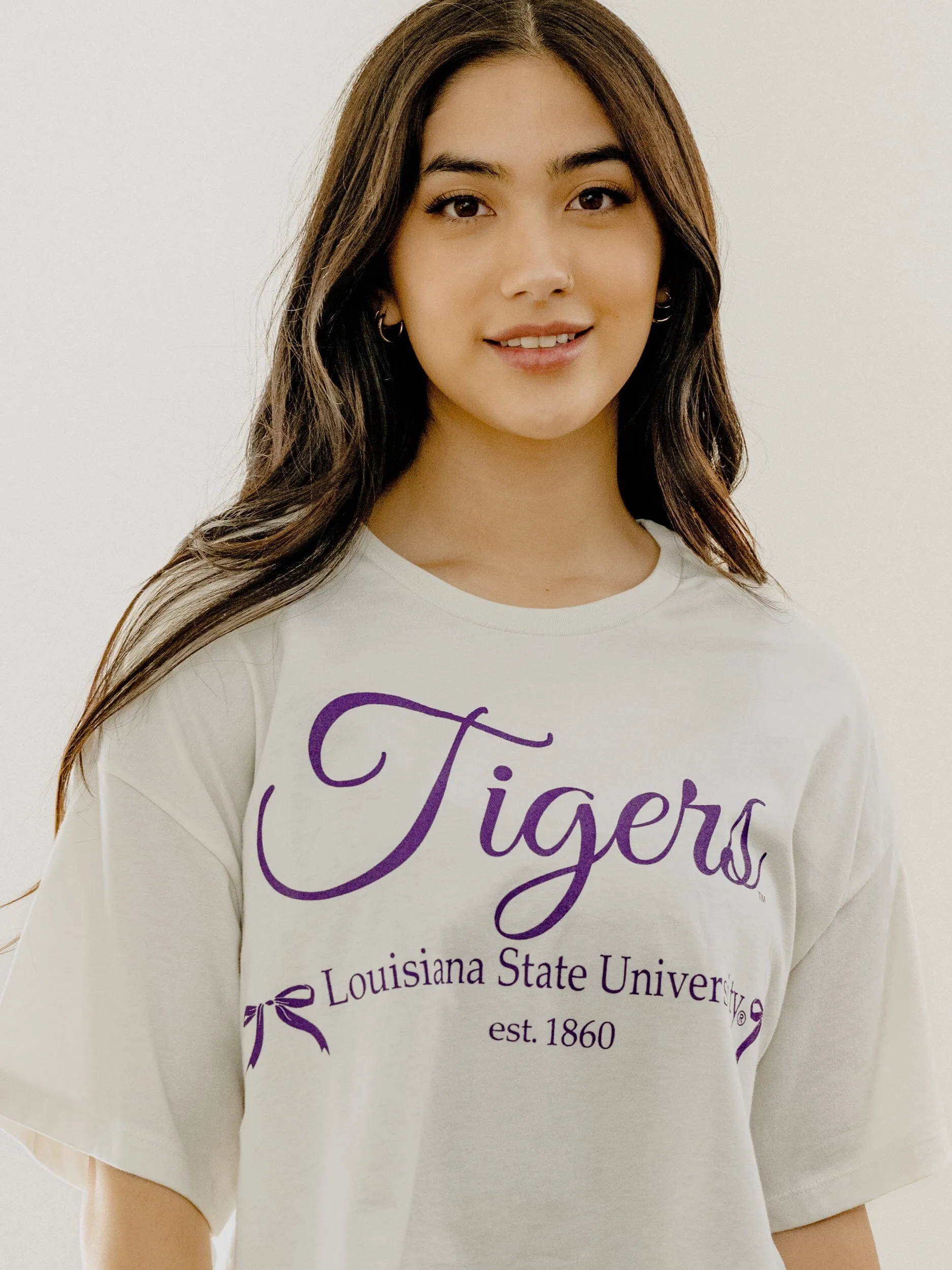 LSU Tigers Established Bows Off White Cropped Tee