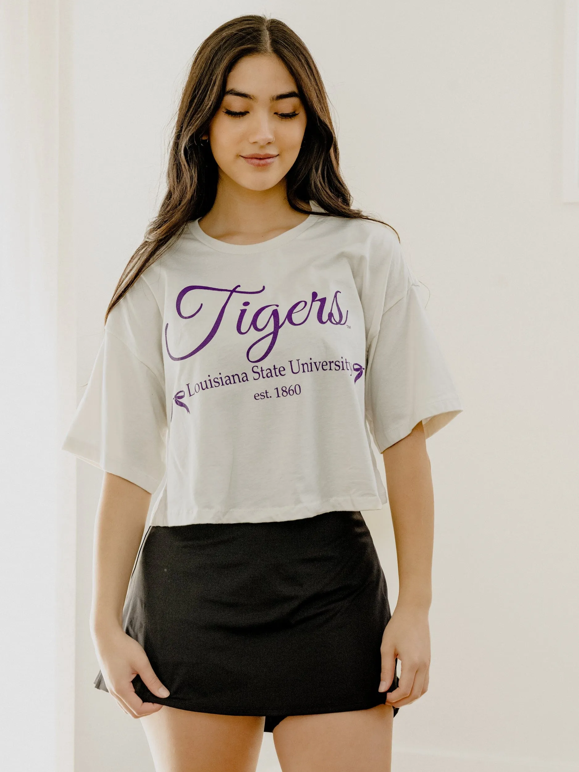 LSU Tigers Established Bows Off White Cropped Tee