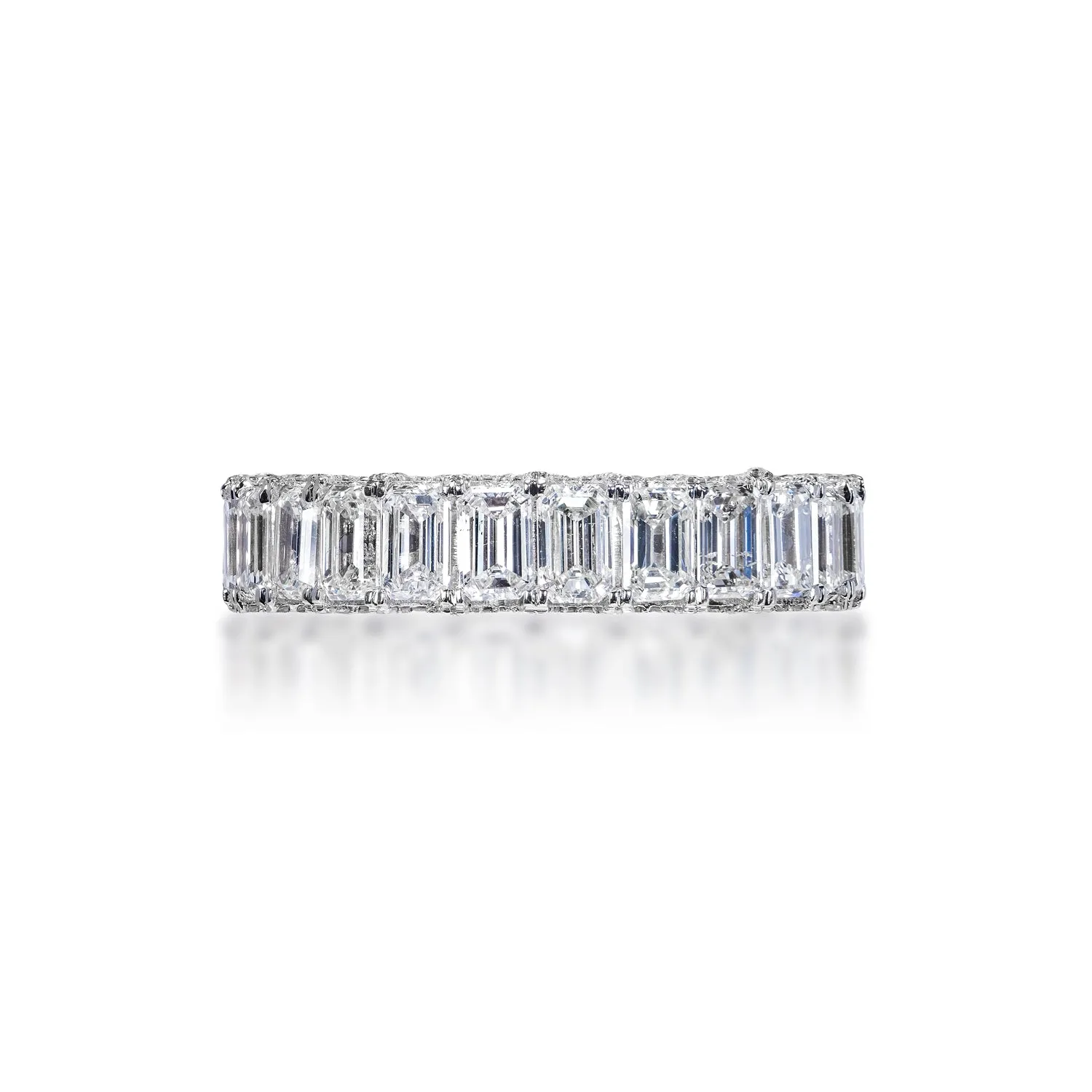 Malani 5 Carat Emerald Cut Diamond Eternity Band with Micro Pavé set prongs in 18k White Gold U-Shape Shared Prong