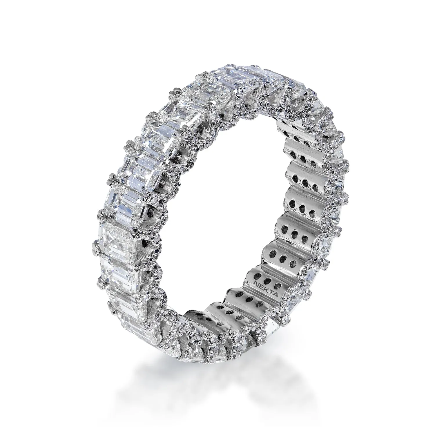 Malani 5 Carat Emerald Cut Diamond Eternity Band with Micro Pavé set prongs in 18k White Gold U-Shape Shared Prong