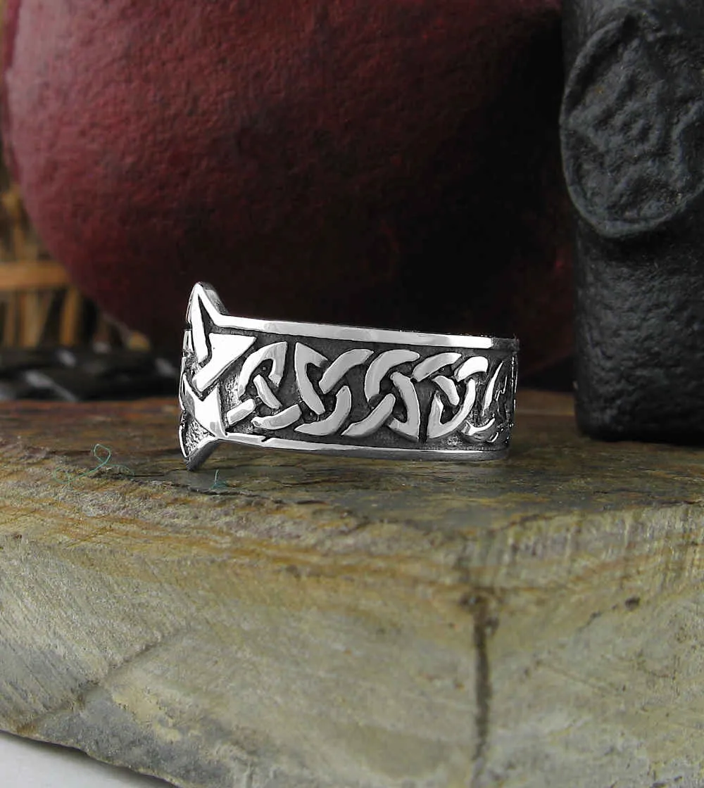 Men's Pentagram Ring With Wide Celtic Band, Oxidized