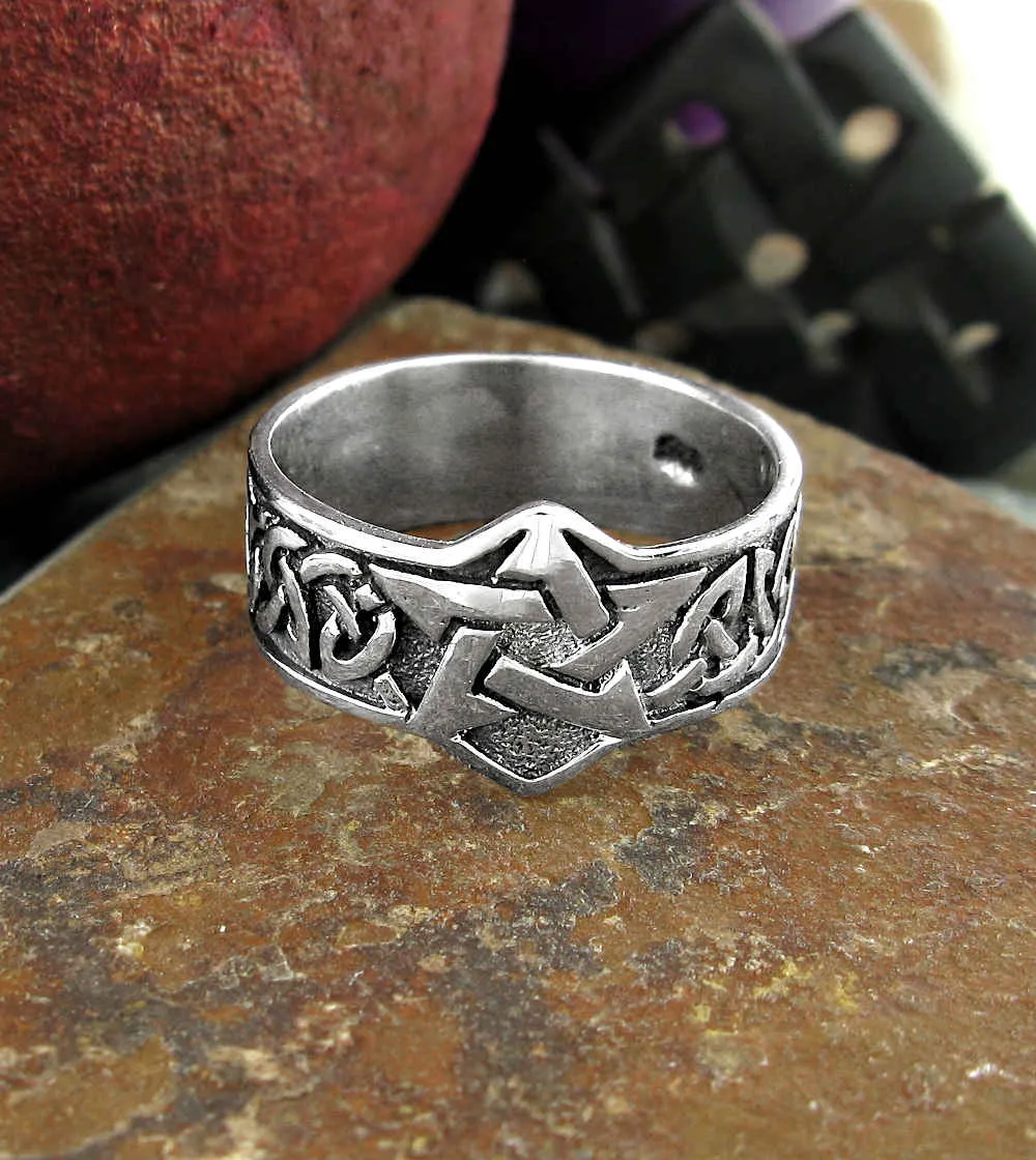 Men's Pentagram Ring With Wide Celtic Band, Oxidized