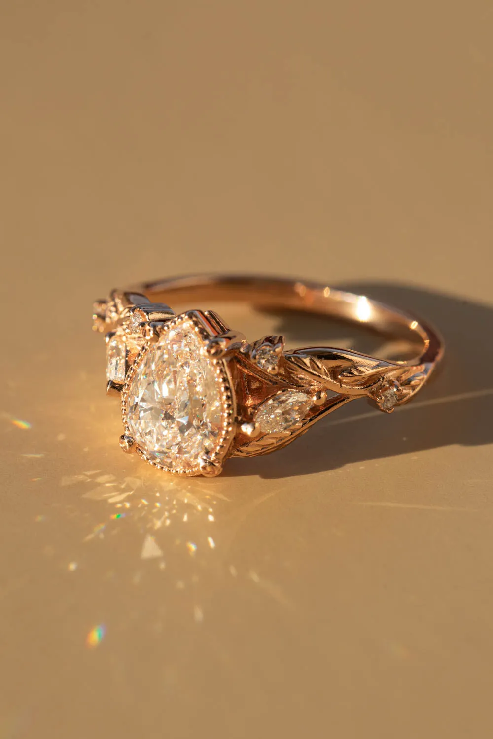 Moissanite twig engagement ring, pear cut gemstone rose gold ring with leaves and diamonds / Patricia