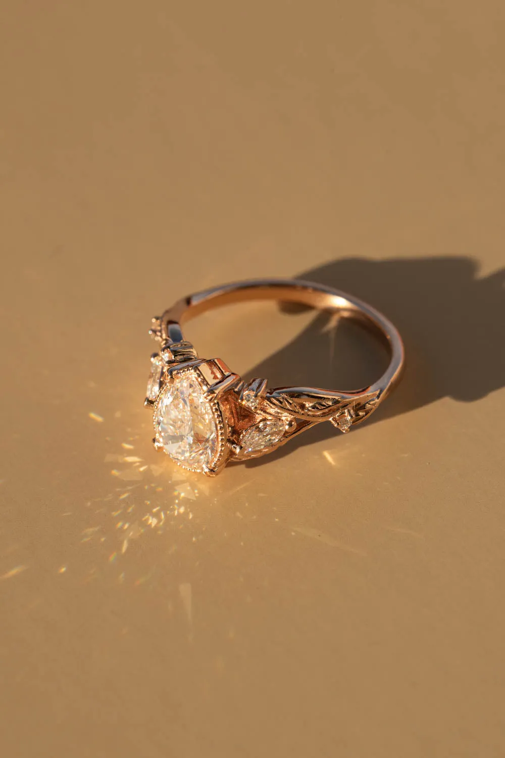 Moissanite twig engagement ring, pear cut gemstone rose gold ring with leaves and diamonds / Patricia