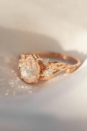 Moissanite twig engagement ring, pear cut gemstone rose gold ring with leaves and diamonds / Patricia