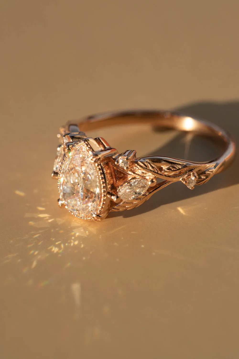 Moissanite twig engagement ring, pear cut gemstone rose gold ring with leaves and diamonds / Patricia