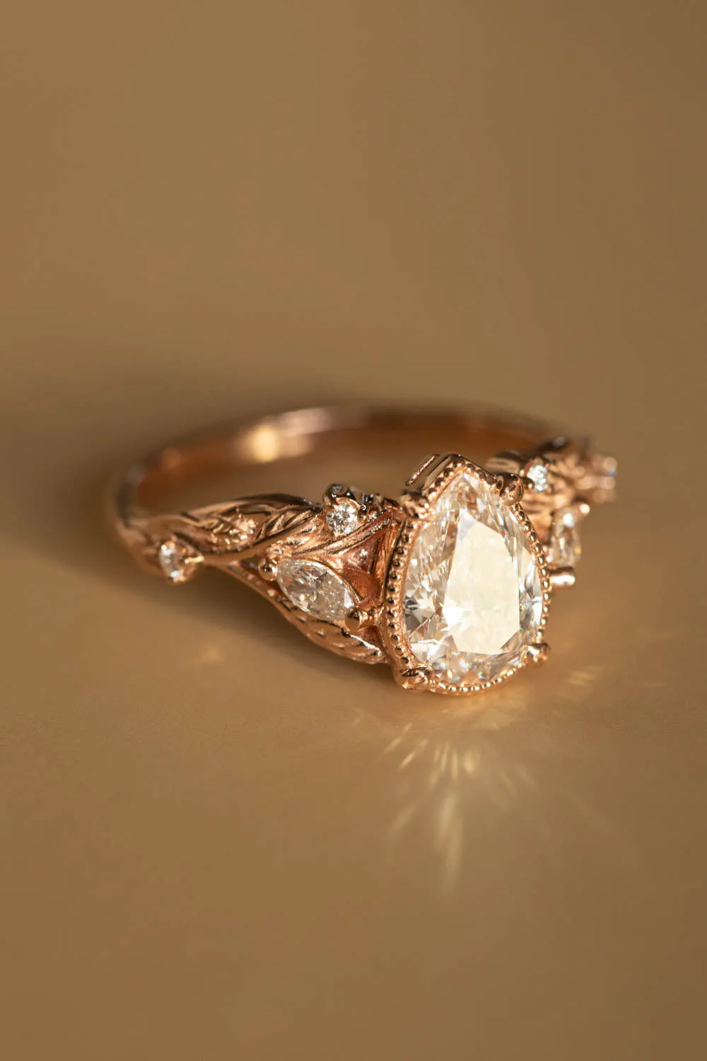 Moissanite twig engagement ring, pear cut gemstone rose gold ring with leaves and diamonds / Patricia