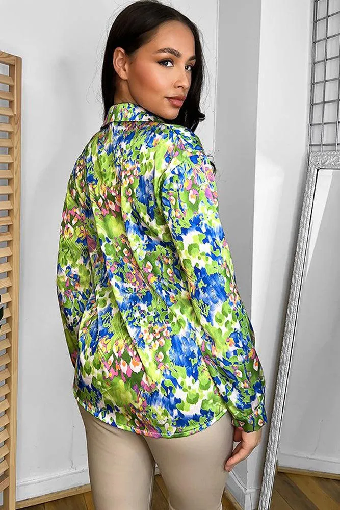 Multicolour Floral Watercolour Print Satin Shirt