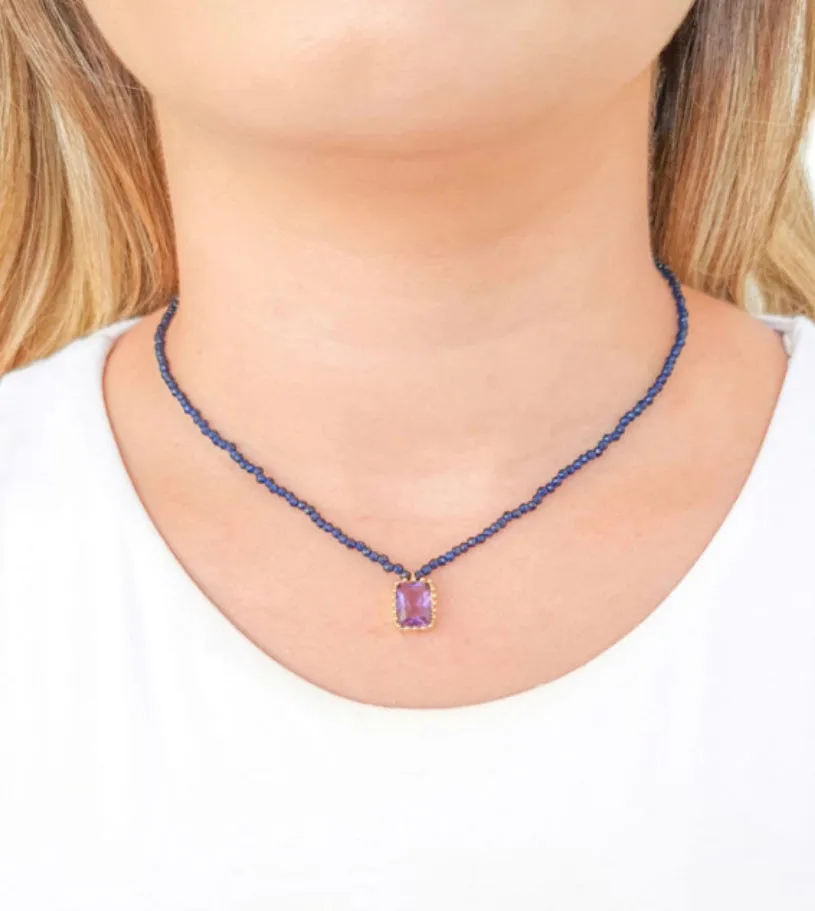 NECKLACE CHOKER NAVY BLUE CRYSTALS & AMETHYST CRYSTAL PENDANT