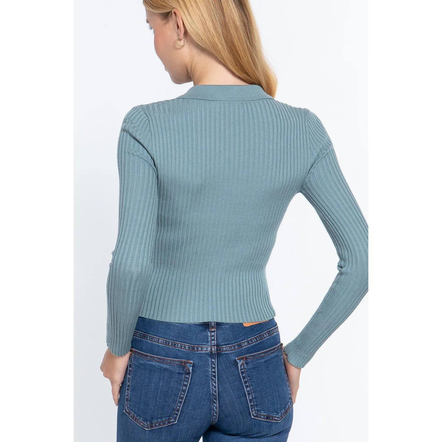 Notched Collar Zippered Sweater