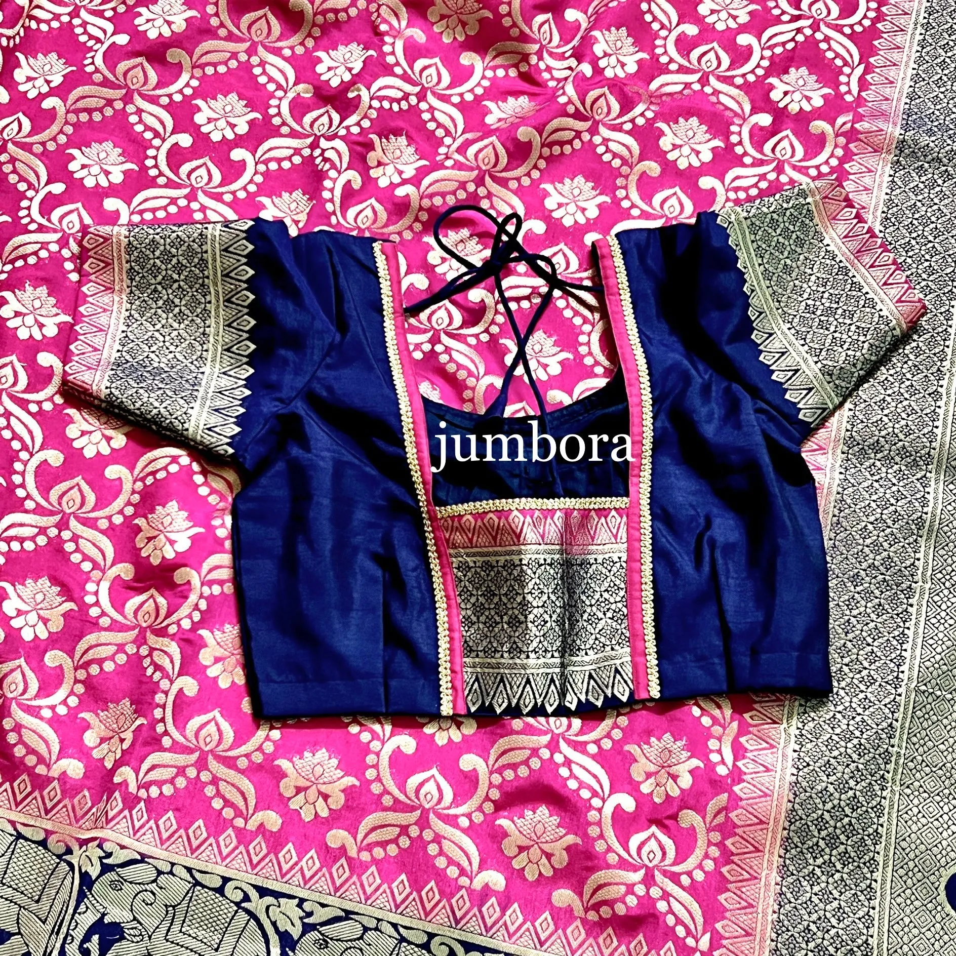 Pink & Blue Brocade Banarasi Jute silk saree with stitched blouse