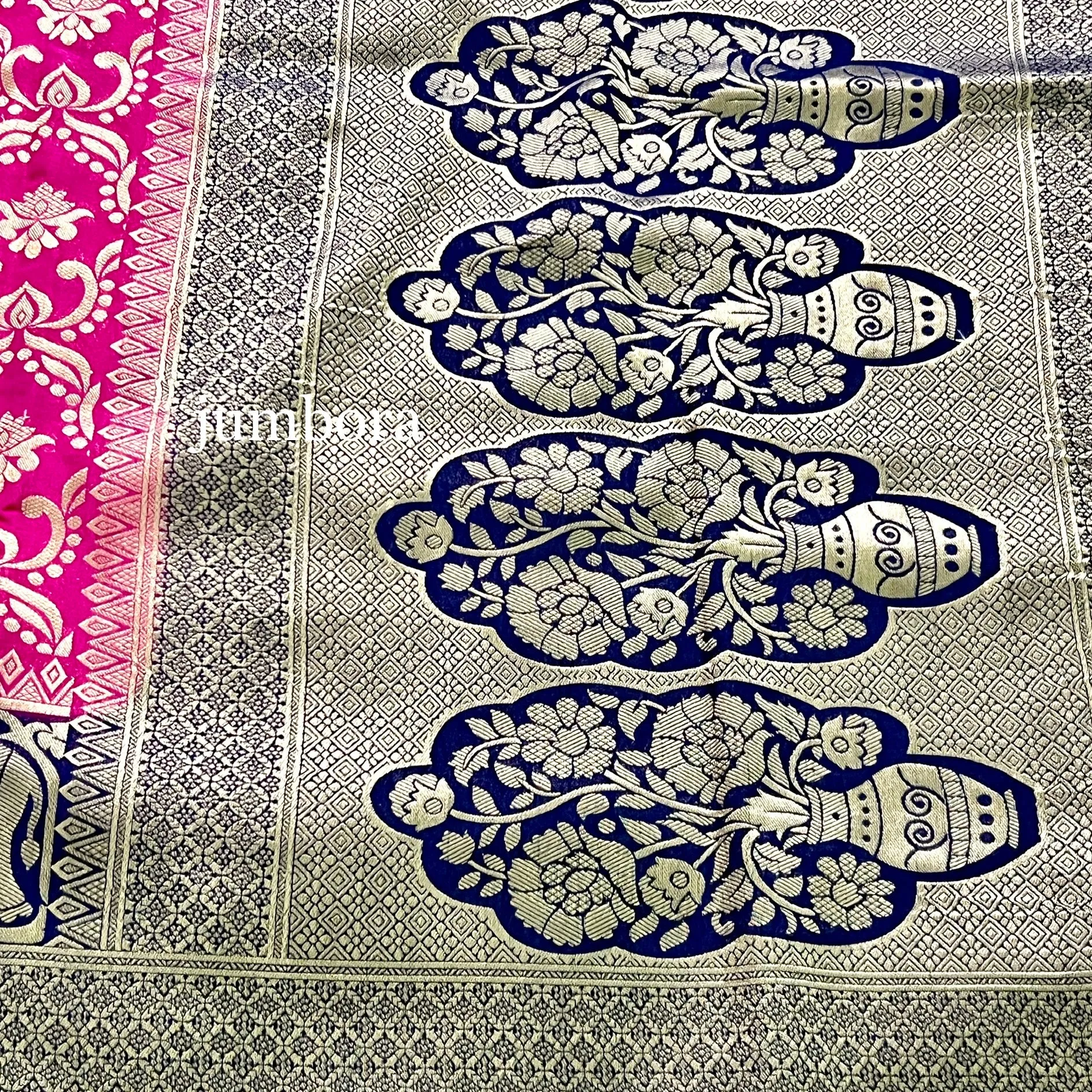 Pink & Blue Brocade Banarasi Jute silk saree with stitched blouse