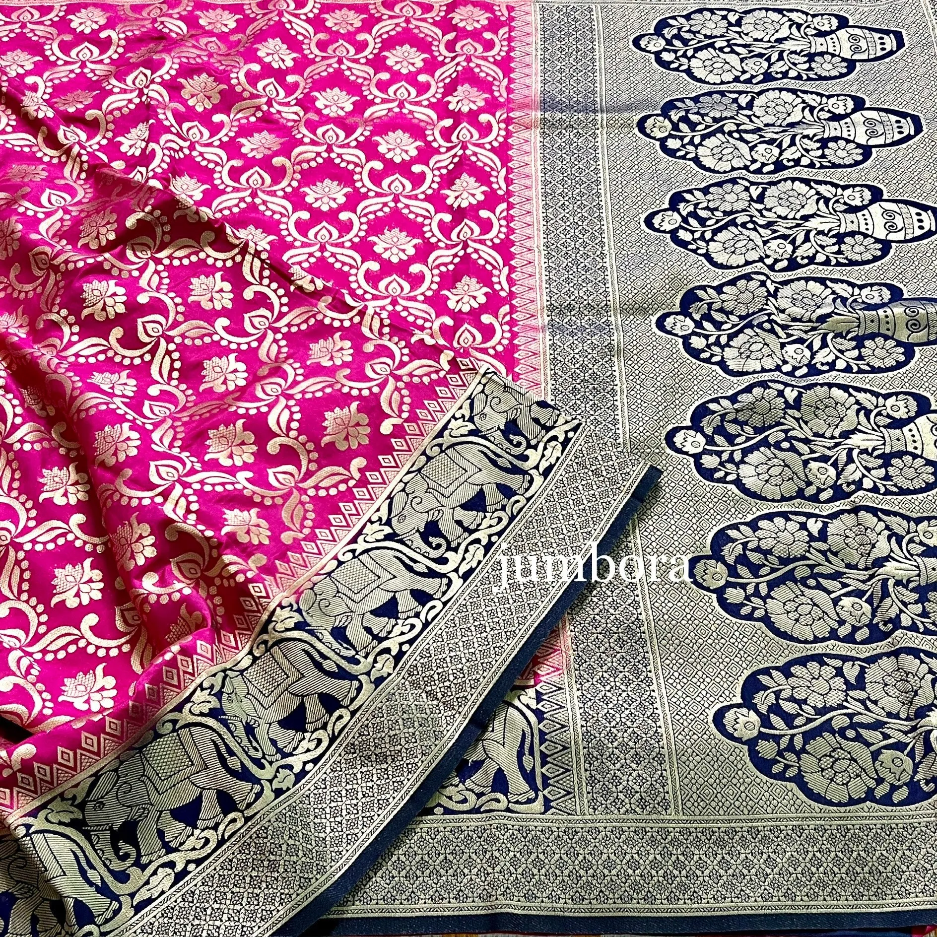 Pink & Blue Brocade Banarasi Jute silk saree with stitched blouse