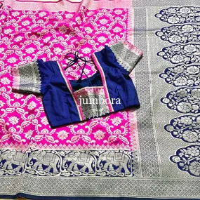 Pink & Blue Brocade Banarasi Jute silk saree with stitched blouse