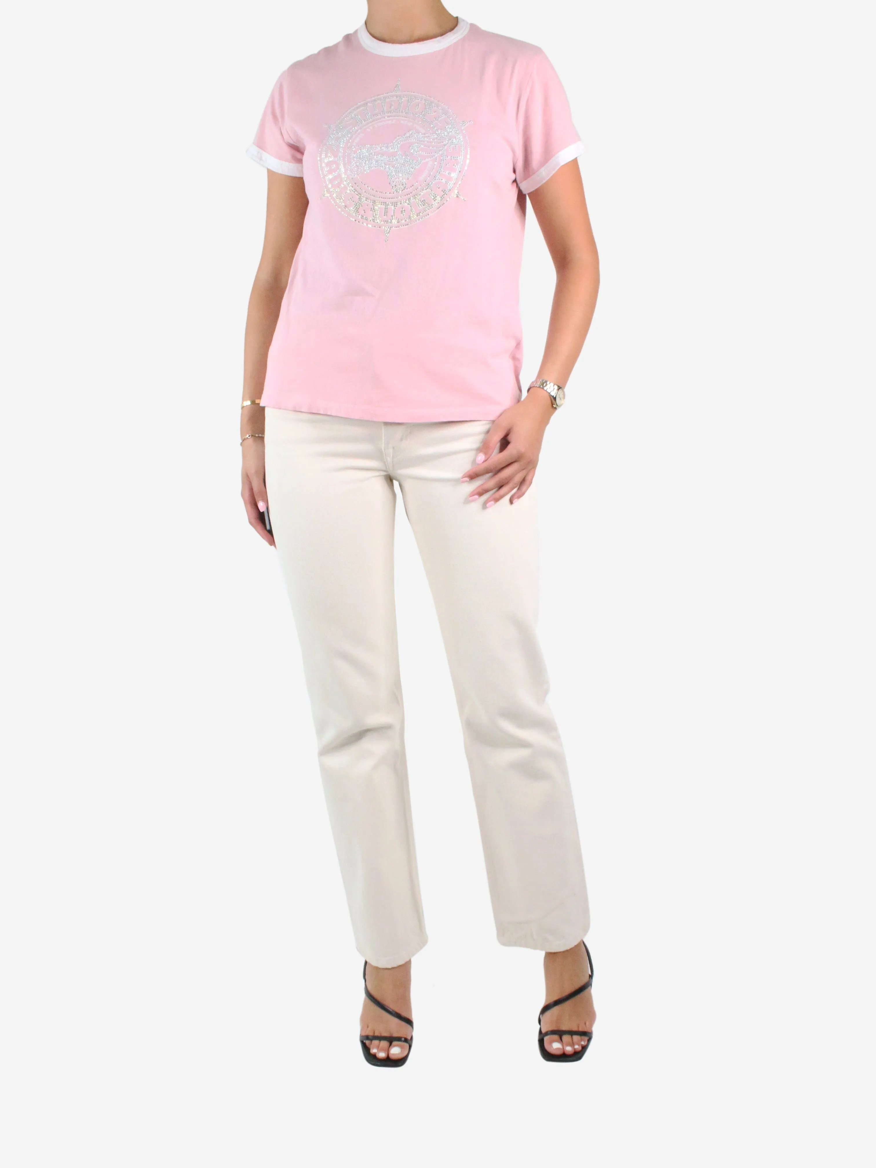 Pink embellished t-shirt - size UK 8