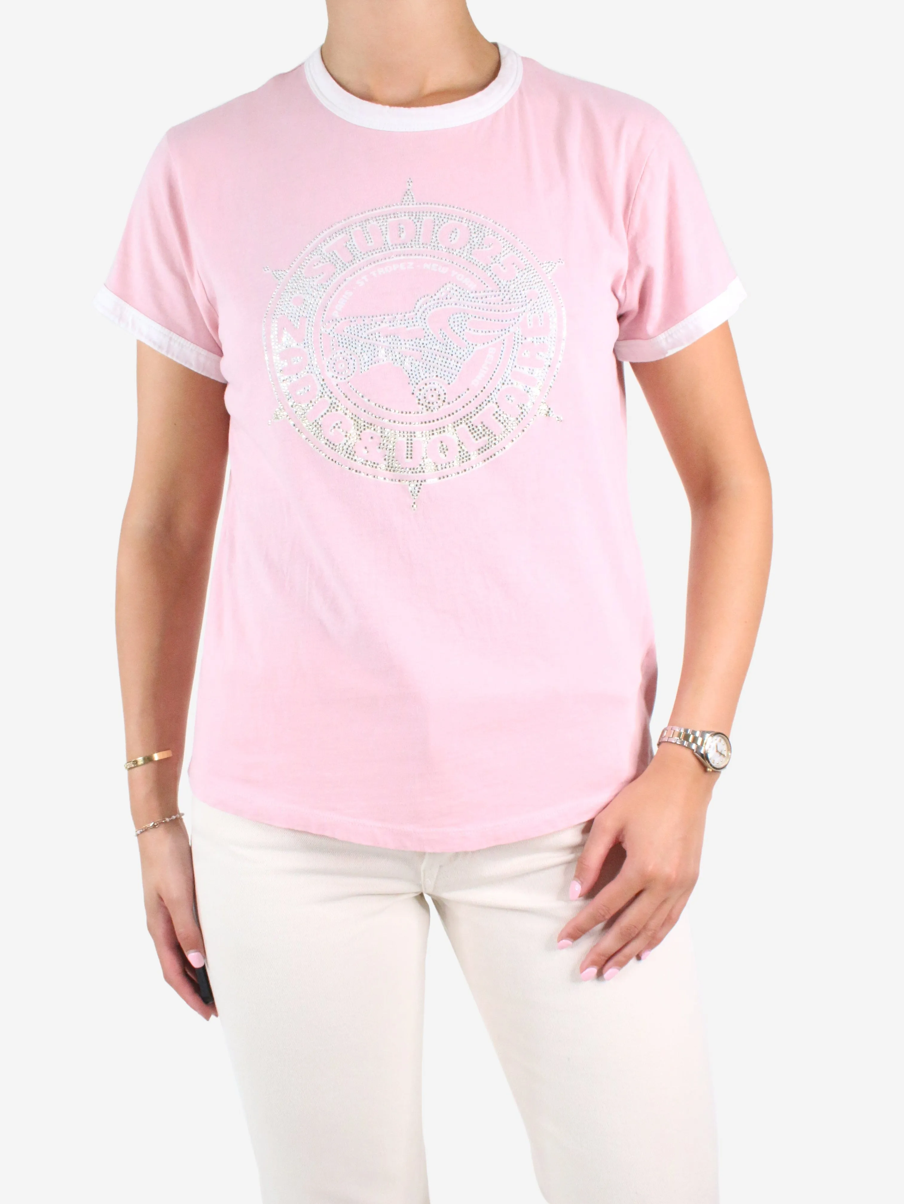 Pink embellished t-shirt - size UK 8