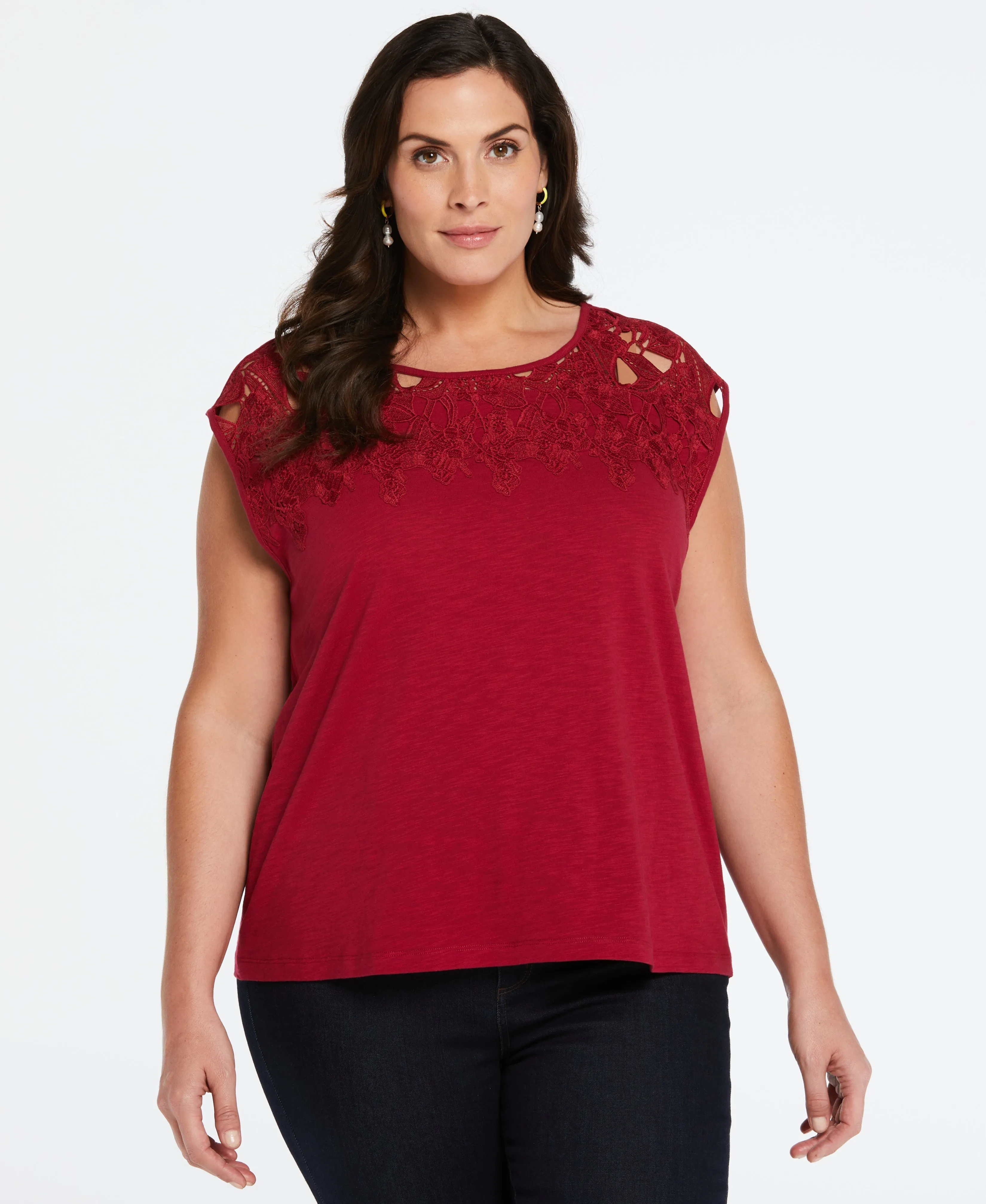 Plus Size 100% Cotton Lace Yoke Top