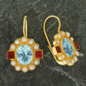 Queen Elinor Blue Topaz, Garnet and Pearl Earrings