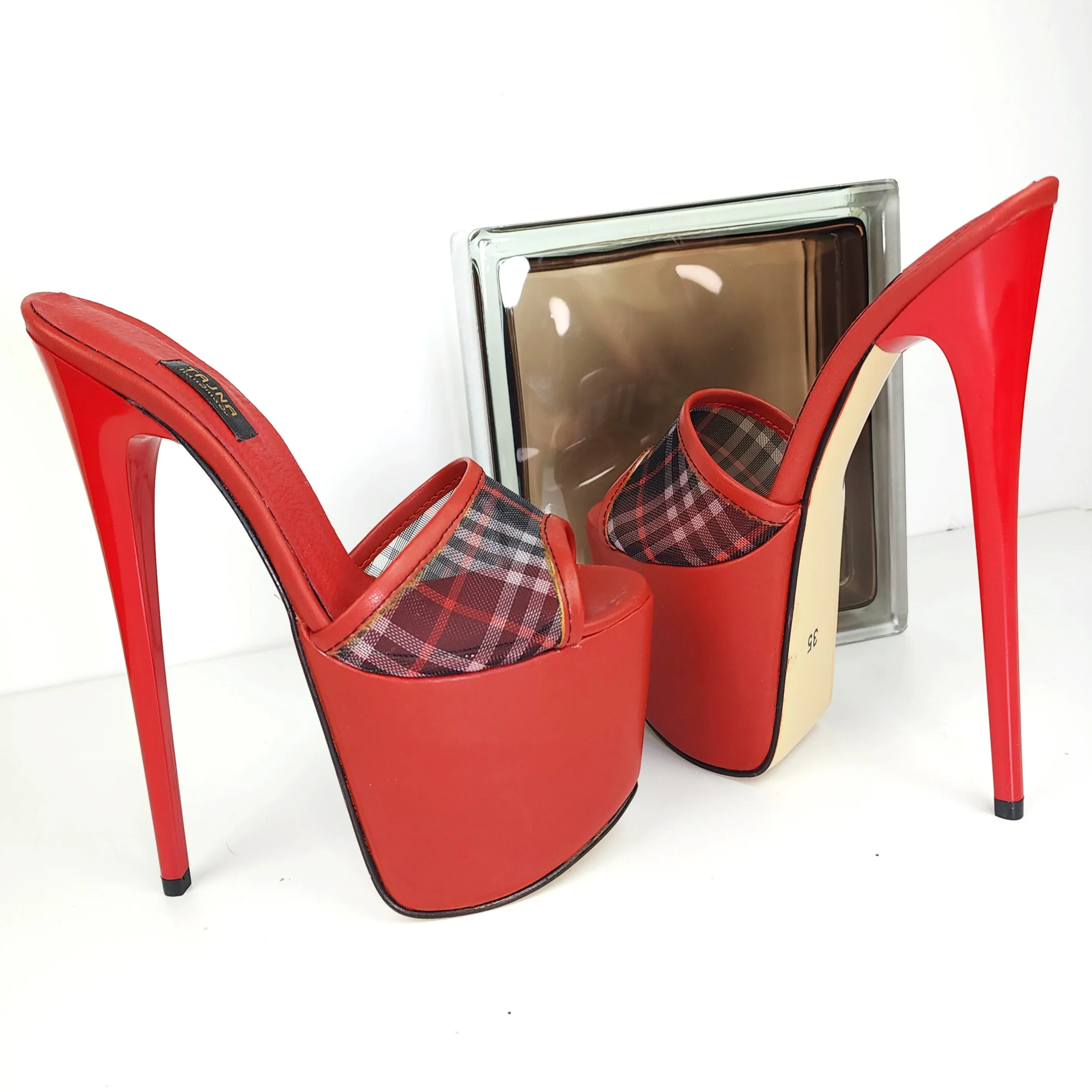 Red Transparent Tartan Plaid High Heel Mules