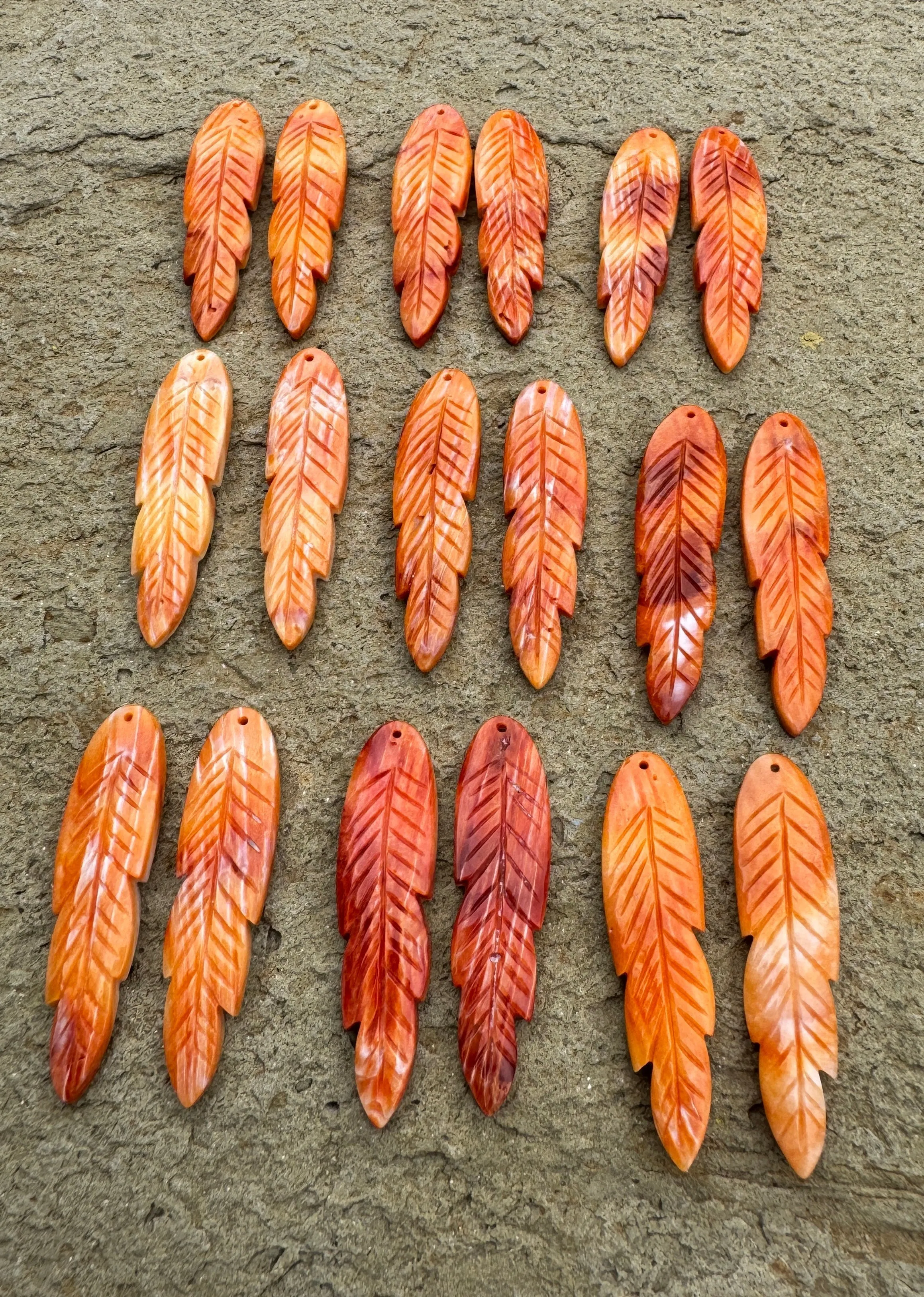 Red/Rust Spiny Oyster Shell Carved Feather Bead Pairs 12x45mm, One Pair