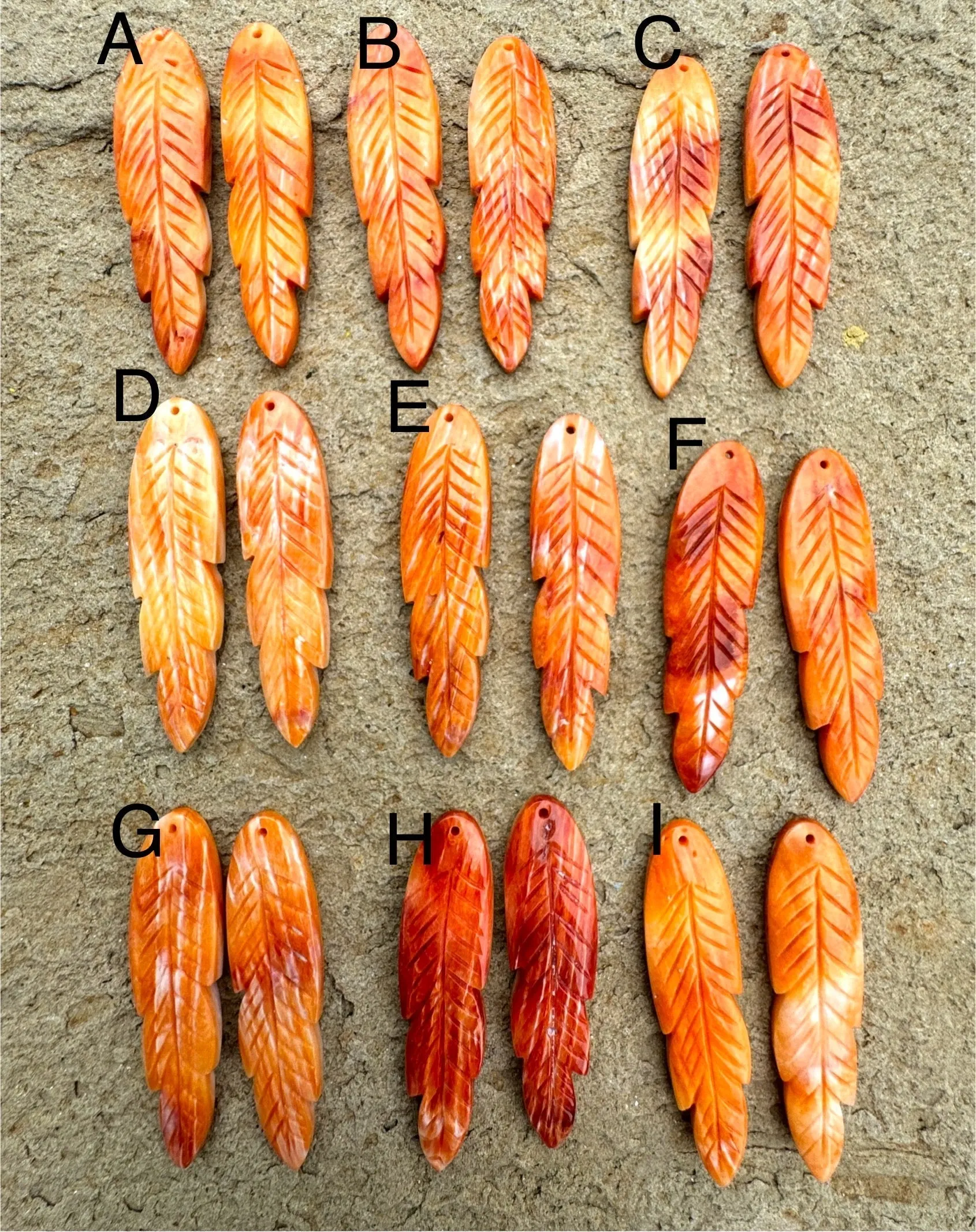 Red/Rust Spiny Oyster Shell Carved Feather Bead Pairs 12x45mm, One Pair