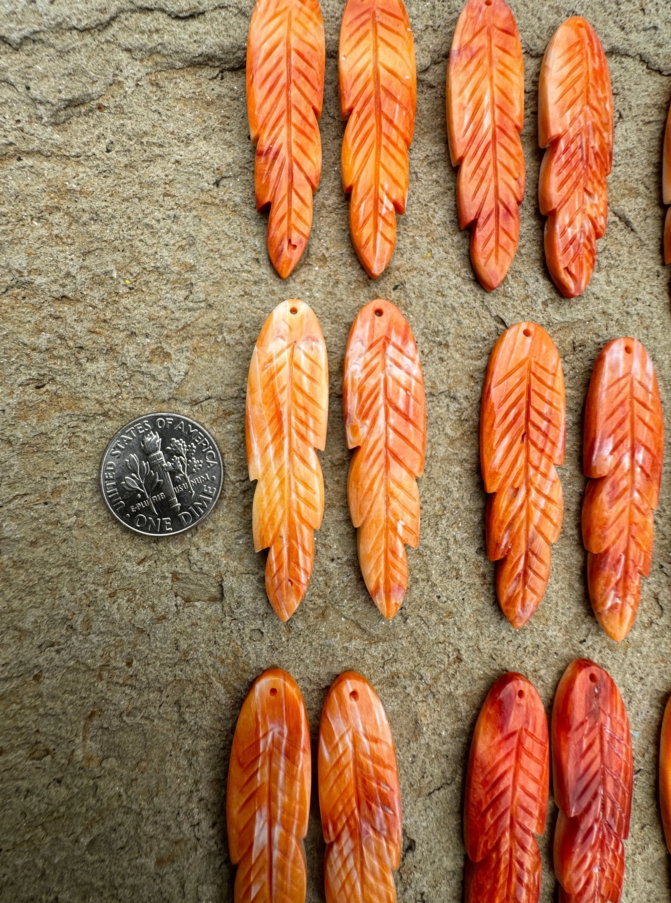 Red/Rust Spiny Oyster Shell Carved Feather Bead Pairs 12x45mm, One Pair