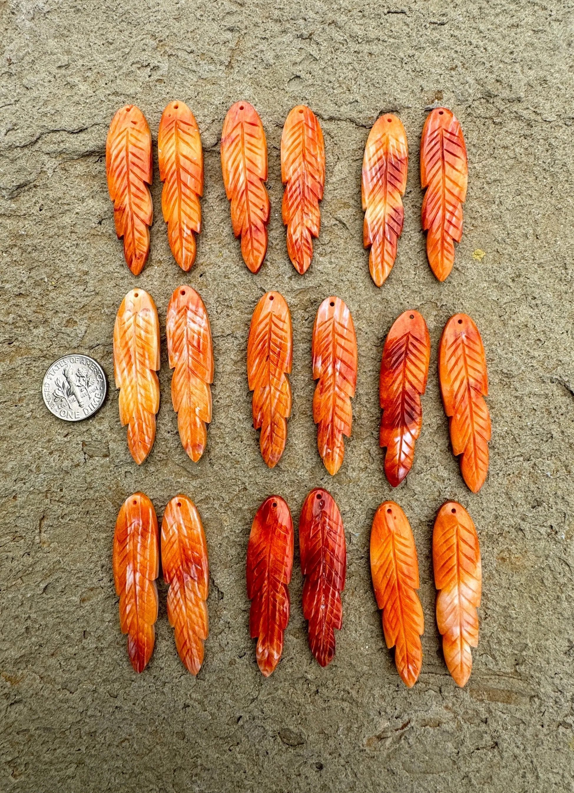 Red/Rust Spiny Oyster Shell Carved Feather Bead Pairs 12x45mm, One Pair