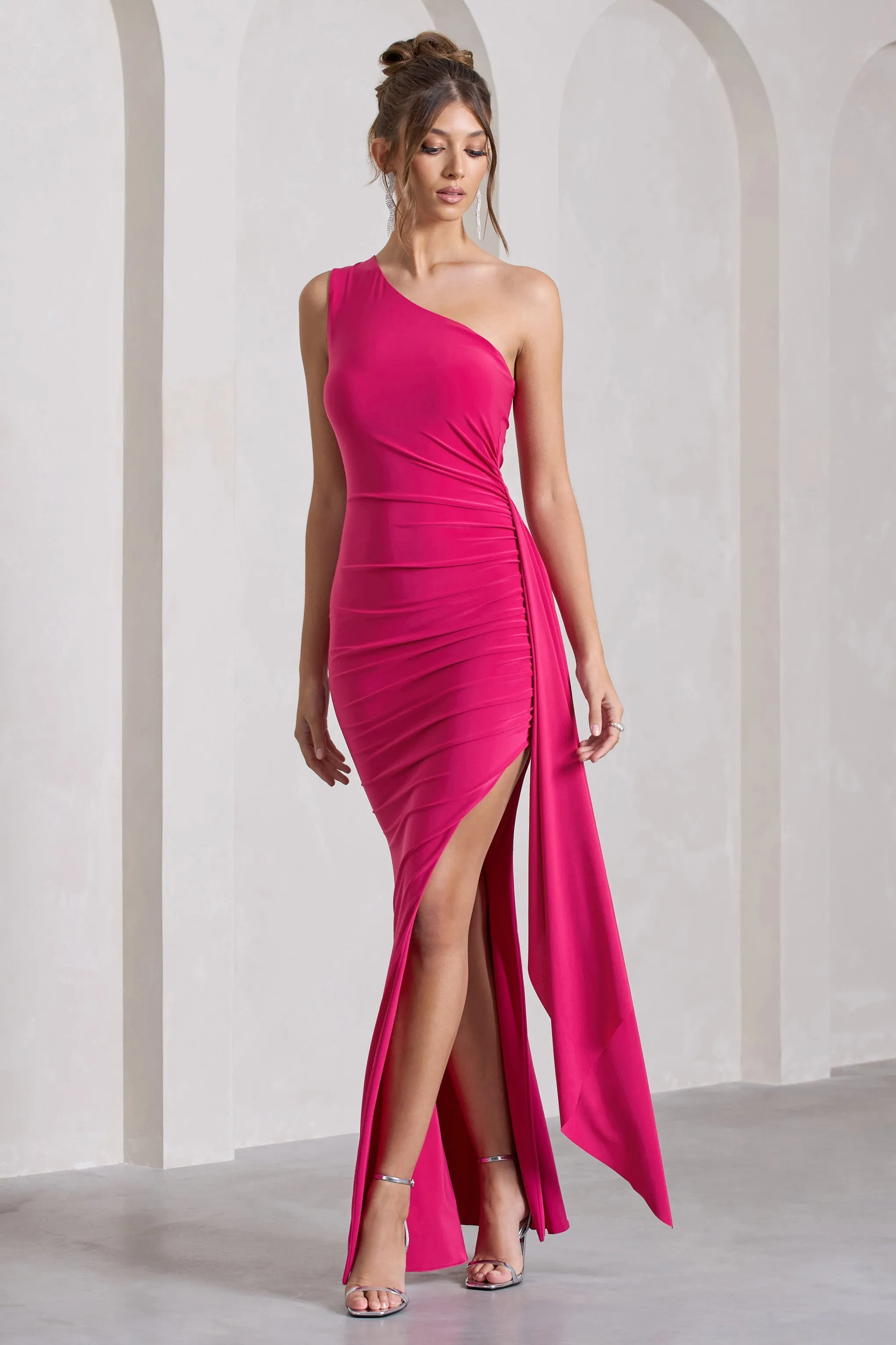 Rewind | Hot Pink One Shoulder Sleeveless Split Maxi Dress With Drape