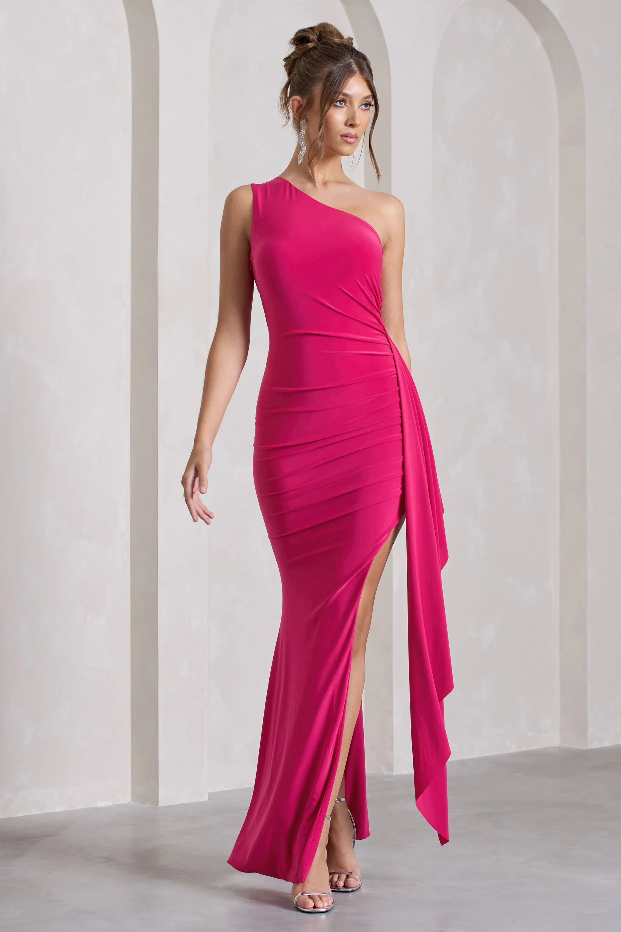 Rewind | Hot Pink One Shoulder Sleeveless Split Maxi Dress With Drape