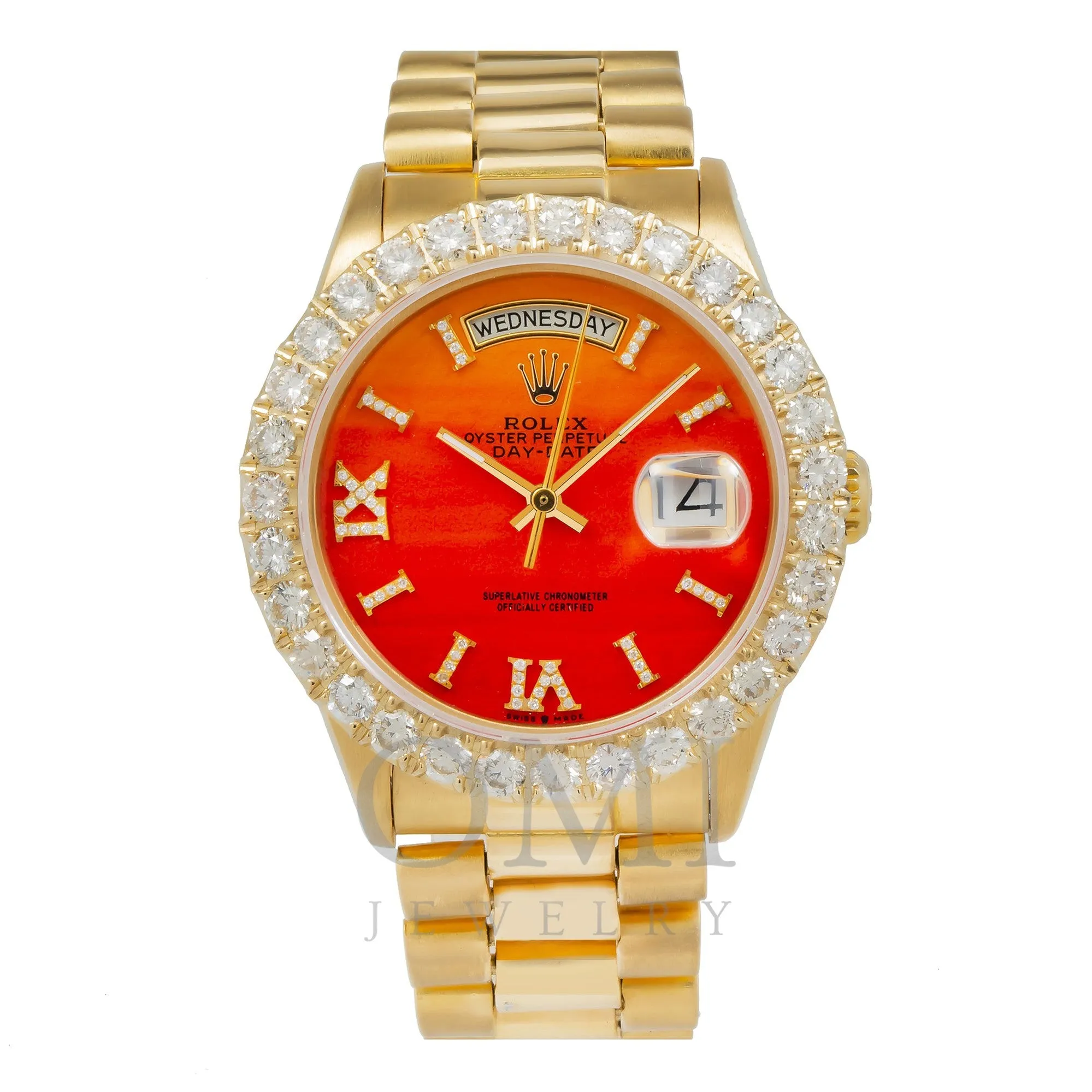 Rolex Day-Date 36MM Red Orange Diamond Dial With Yellow Gold Diamond Bezel