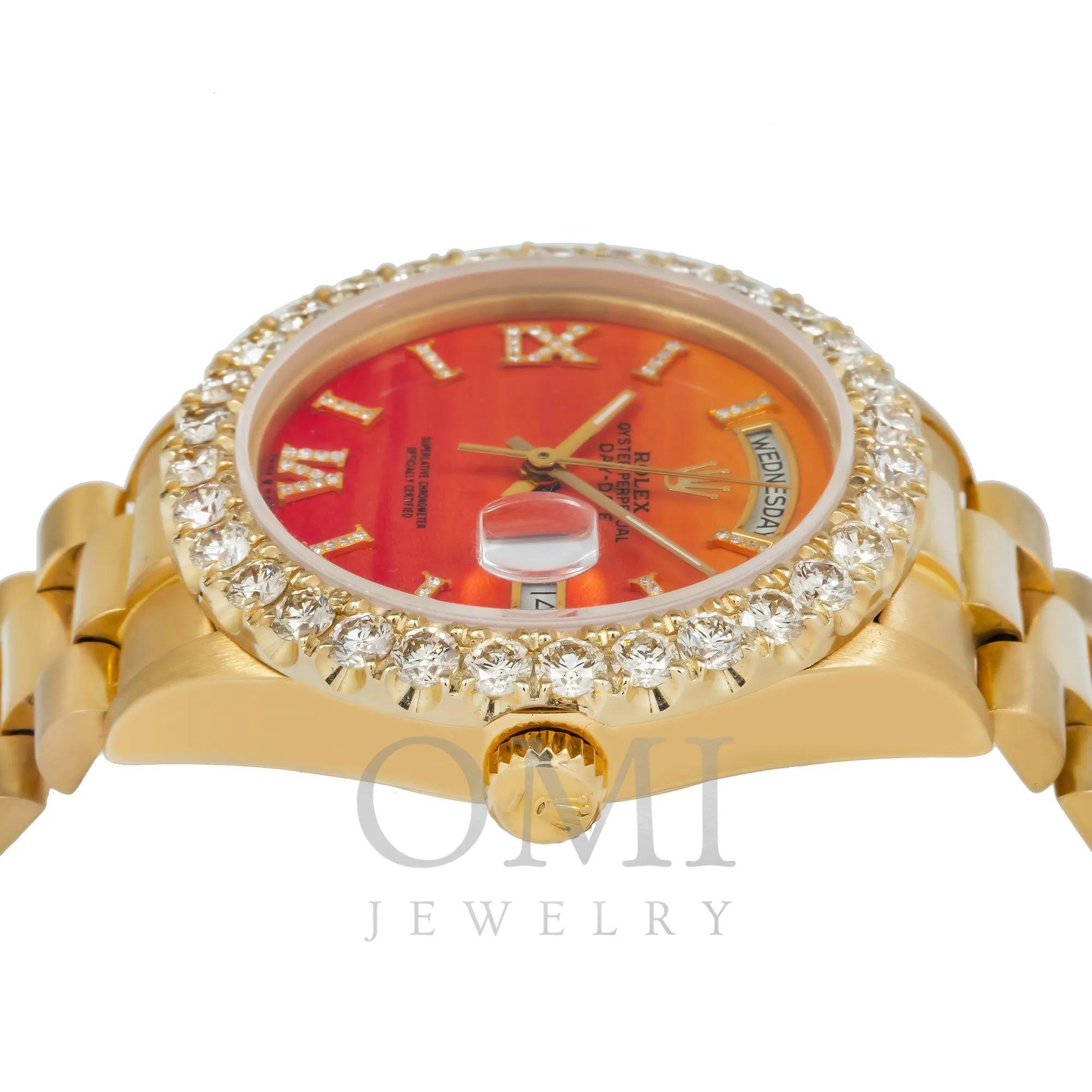 Rolex Day-Date 36MM Red Orange Diamond Dial With Yellow Gold Diamond Bezel