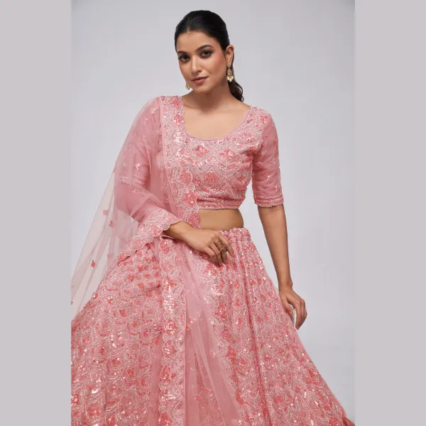 Rose Pink Diamond Pattern Embroidered Girlish Lehenga Choli | Oct 2024